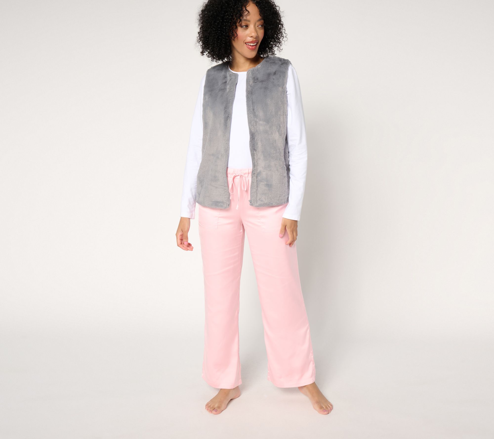 MUK LUKS Faux Fur Vest and Satin Pant Lounge Set