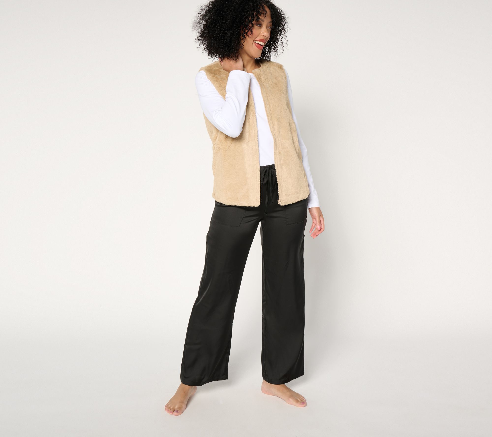 MUK LUKS Faux Fur Vest and Satin Pant Lounge Set