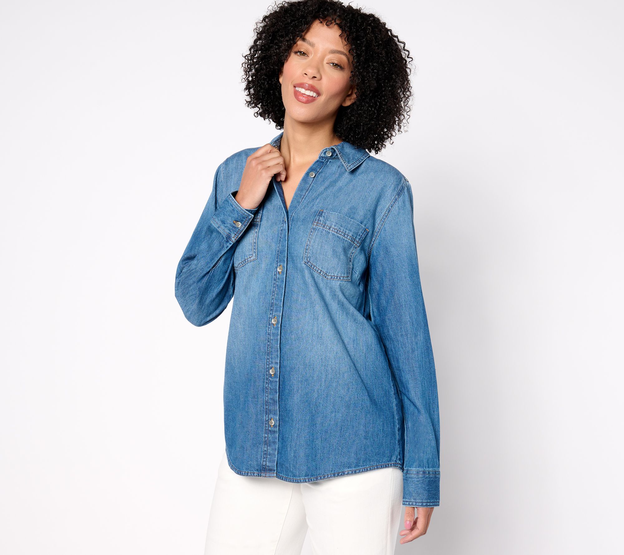 "As Is" Denim & Co. Long Sleeve Button Front Denim Shirt