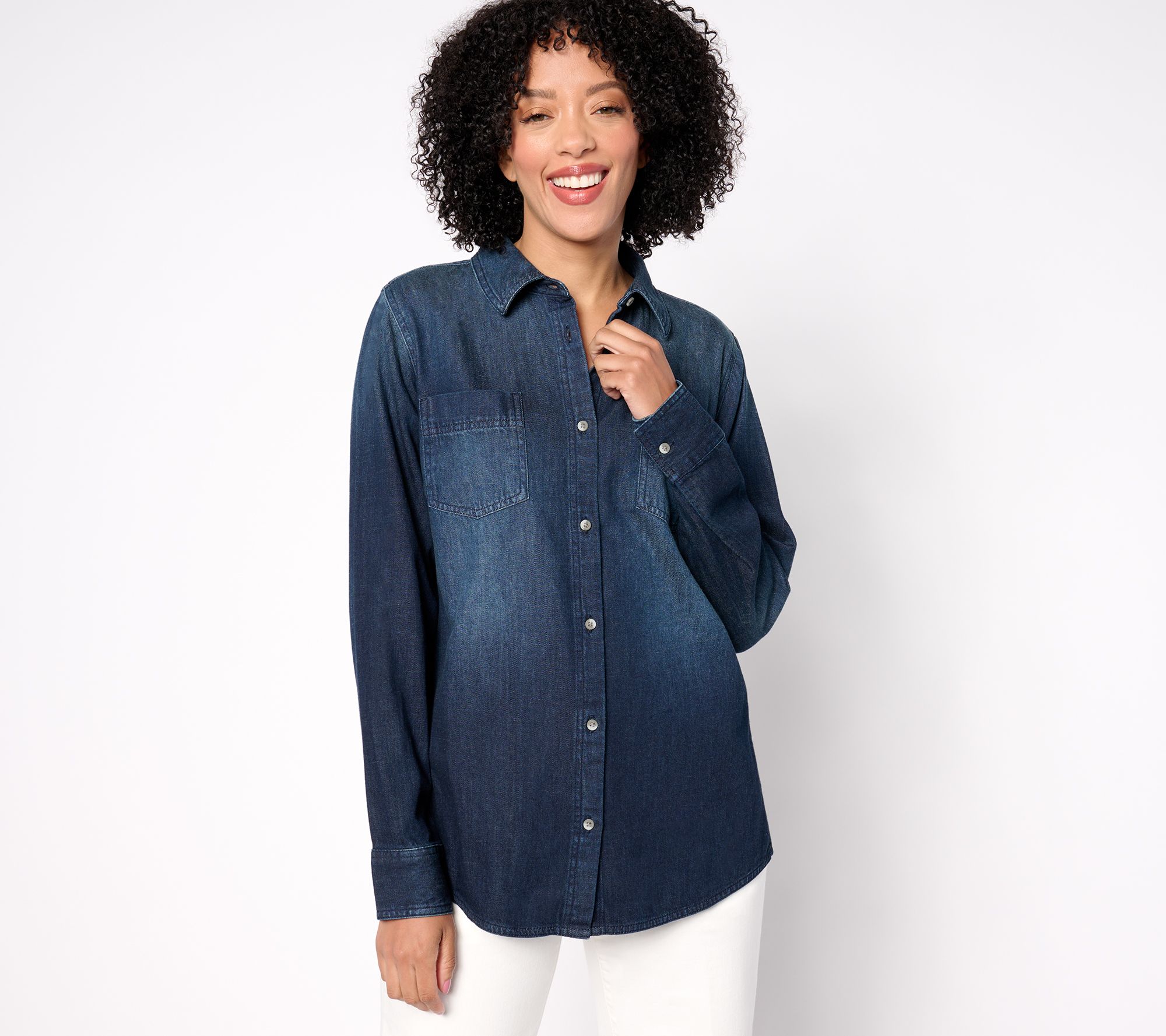 "As Is" Denim & Co. Long Sleeve Button Front Denim Shirt