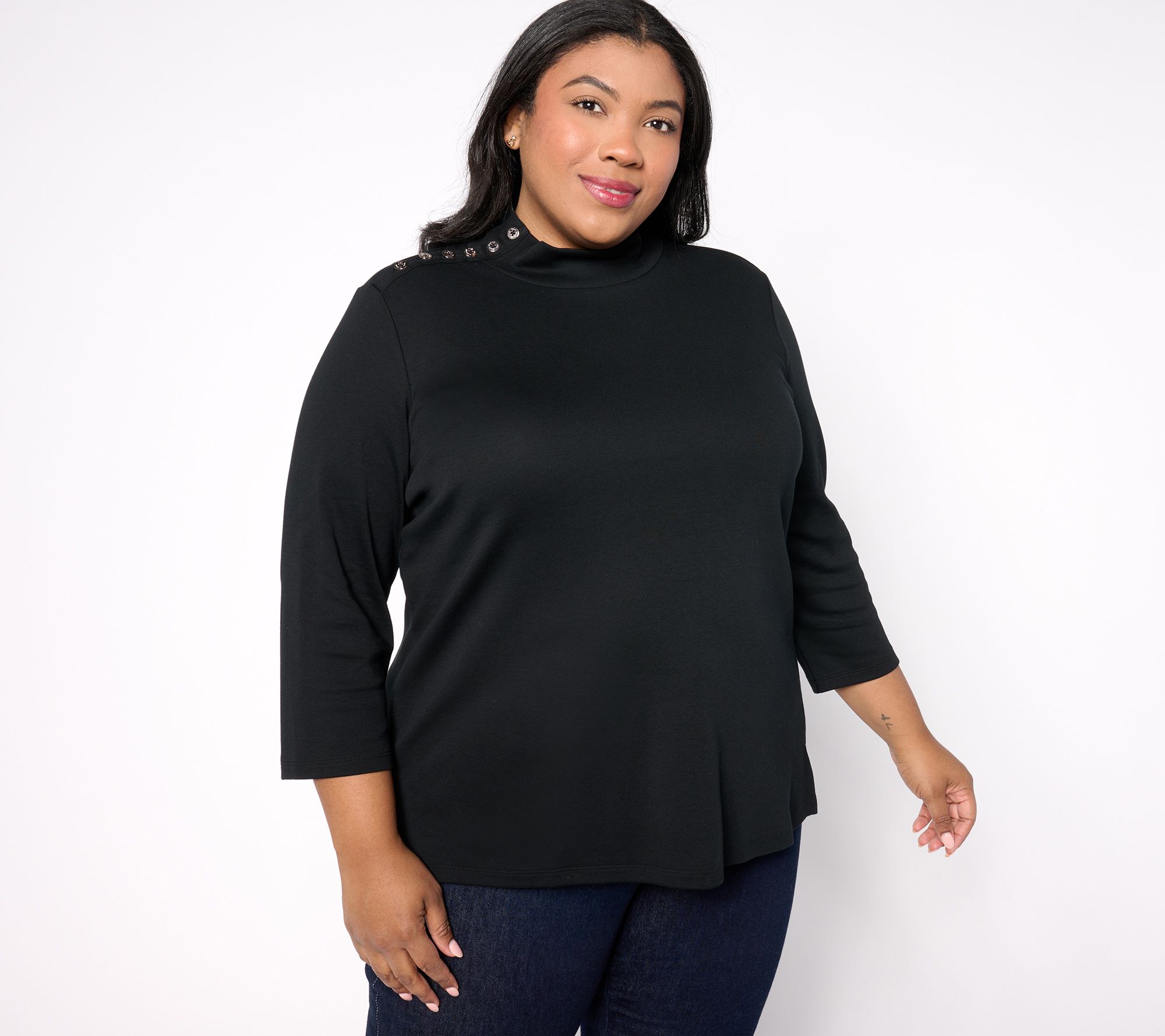 "As Is" Isaac Mizrahi Live! Estate Mock Neck 3/4 Sleeve Top w/ Buttons