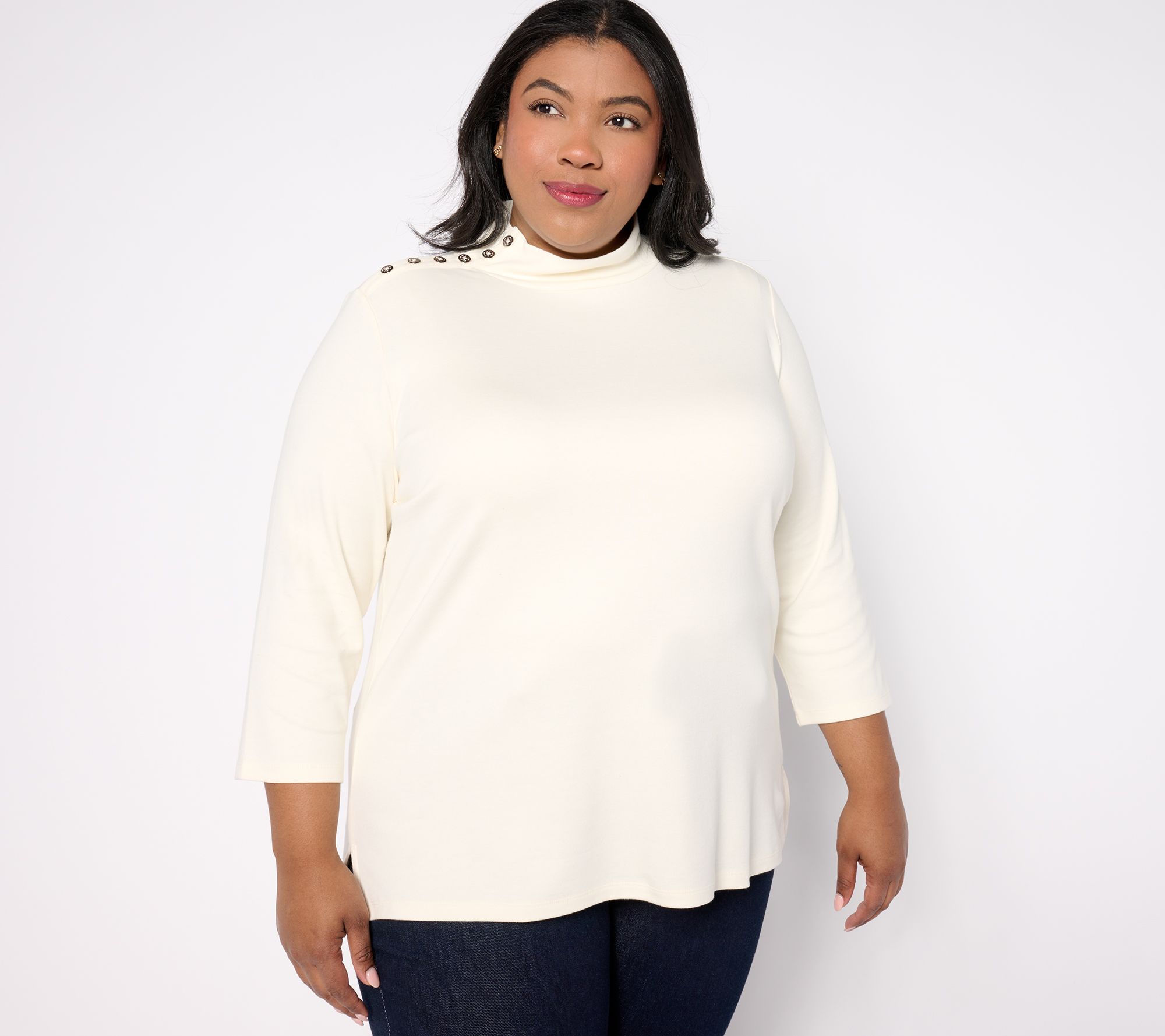 "As Is" Isaac Mizrahi Live! Estate Mock Neck 3/4 Sleeve Top w/ Buttons