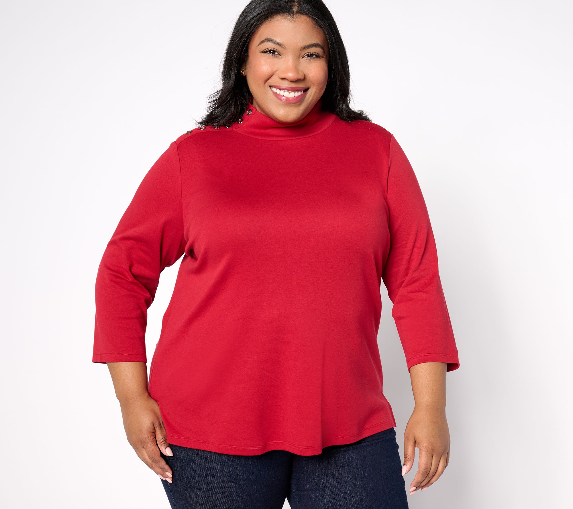 "As Is" Isaac Mizrahi Live! Estate Mock Neck 3/4 Sleeve Top w/ Buttons