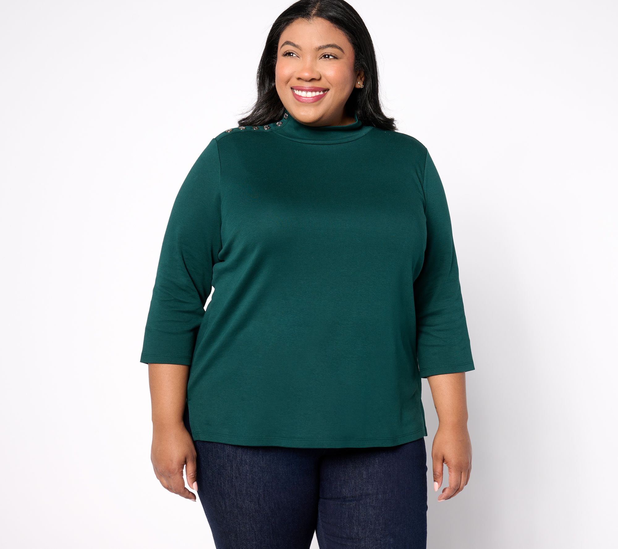 "As Is" Isaac Mizrahi Live! Estate Mock Neck 3/4 Sleeve Top w/ Buttons