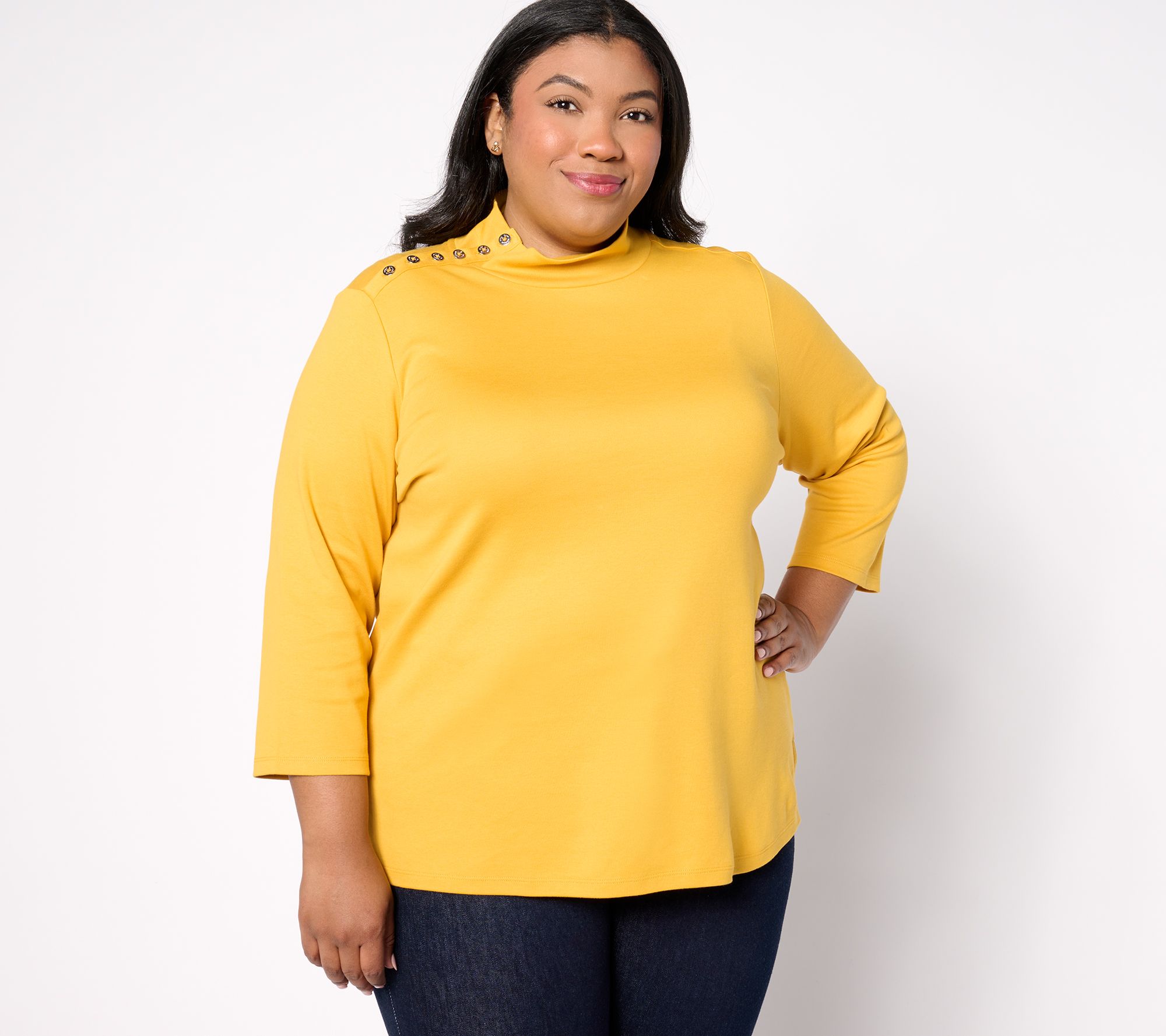 "As Is" Isaac Mizrahi Live! Estate Mock Neck 3/4 Sleeve Top w/ Buttons