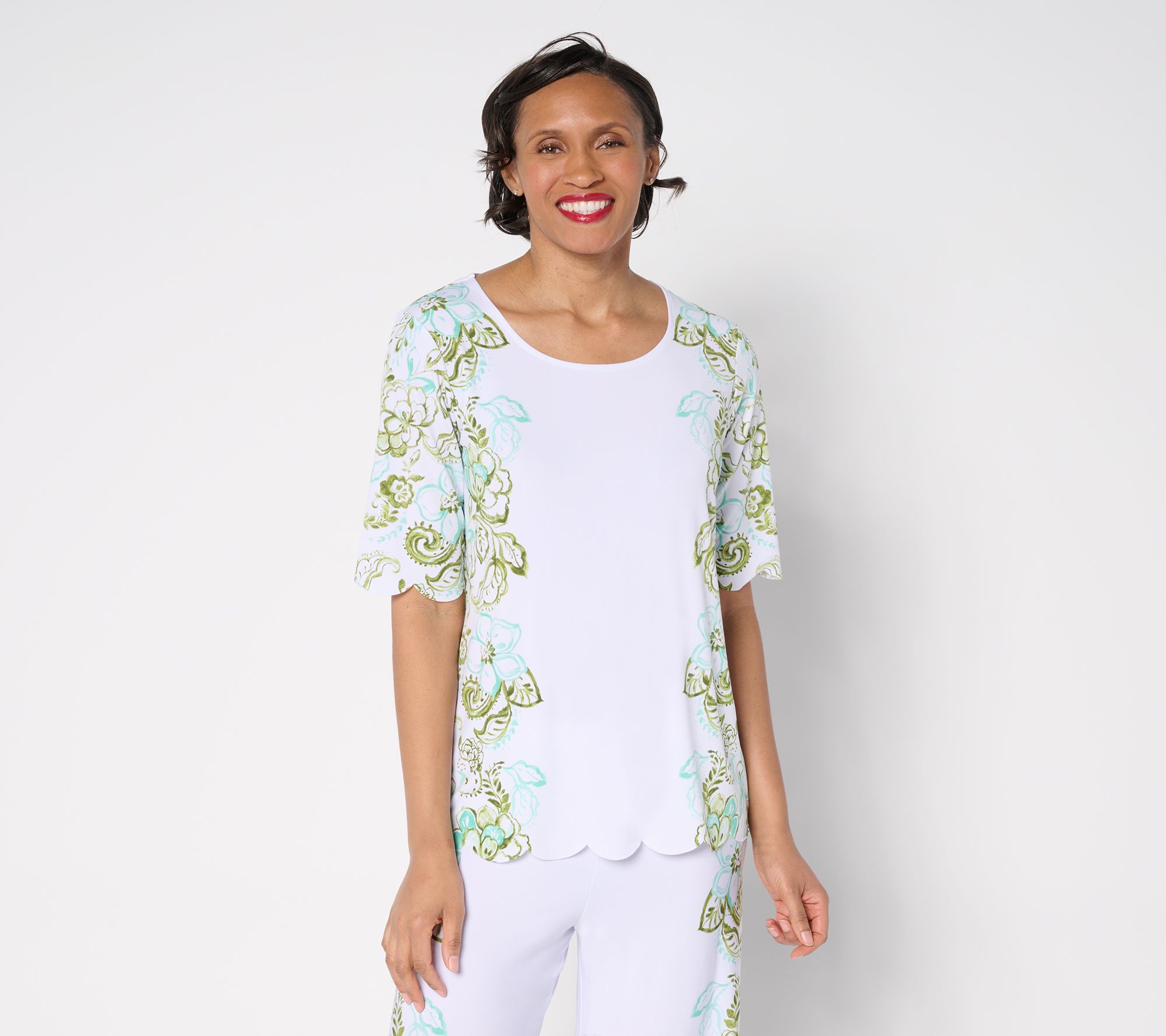 GRAVER Susan Graver Printed Liquid Knit Scalloped Hem Top
