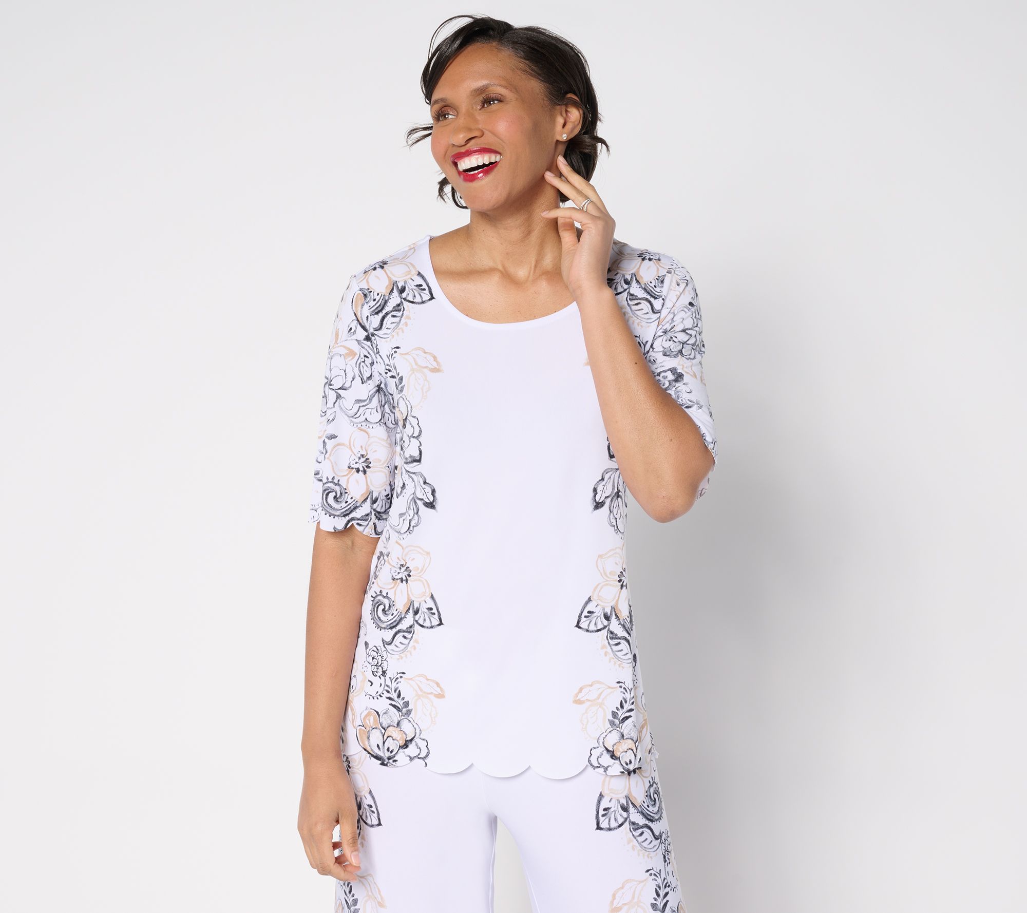 GRAVER Susan Graver Printed Liquid Knit Scalloped Hem Top