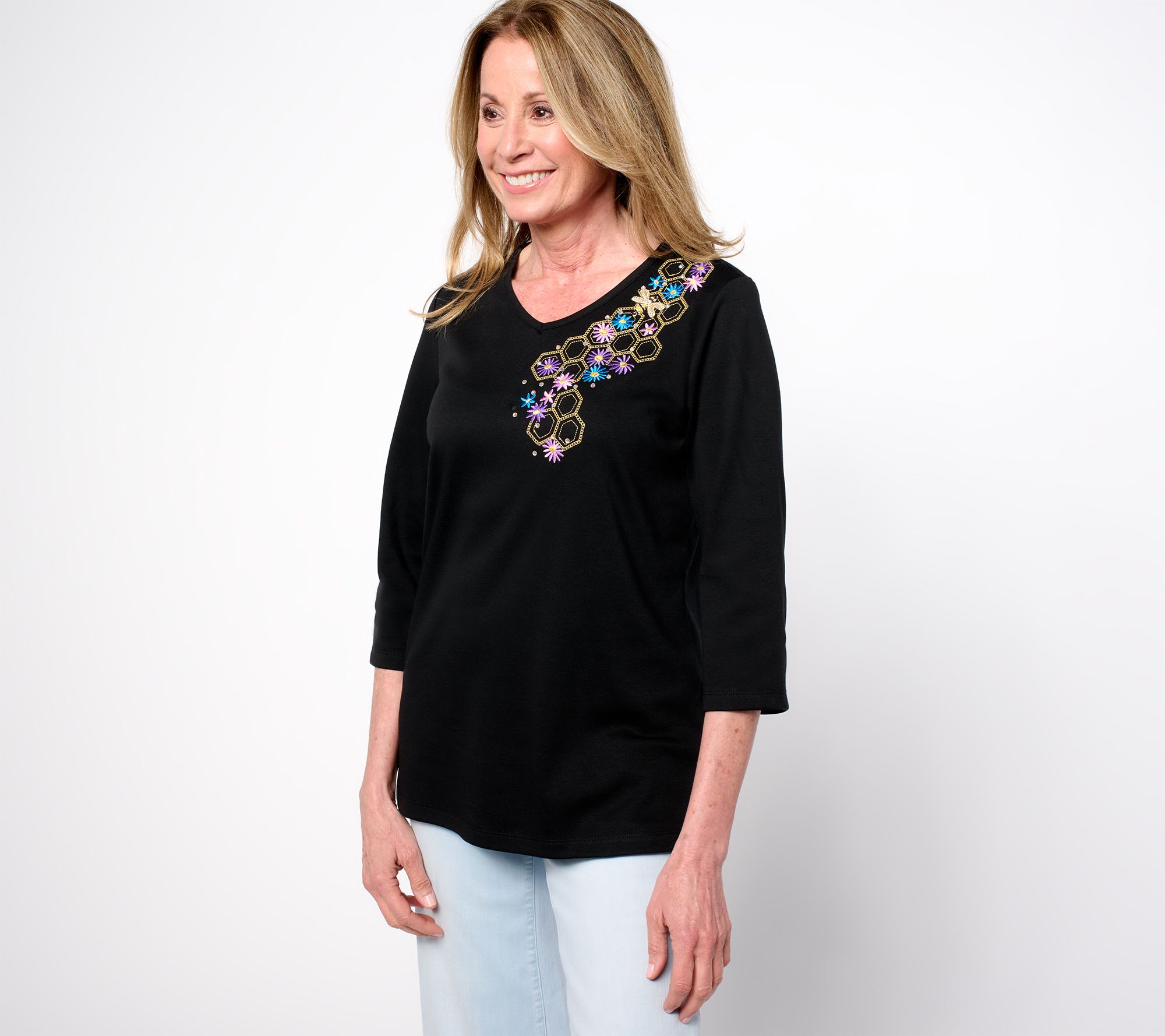 Quacker Factory Glory Bee Brooch Detail V-Neck 3/4 Sleeve Top