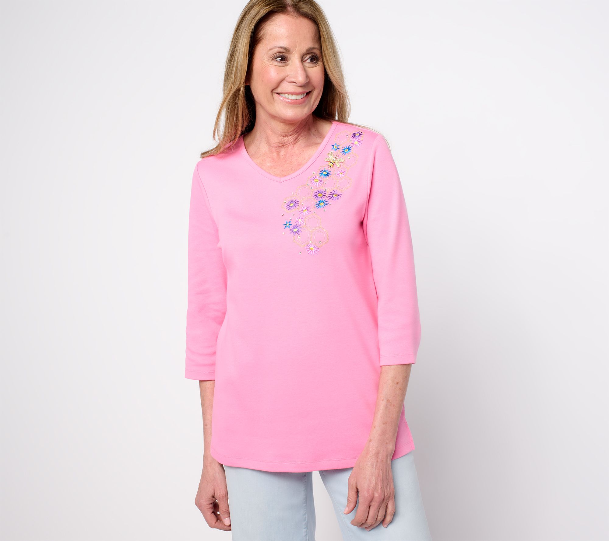 Quacker Factory Glory Bee Brooch Detail V-Neck 3/4 Sleeve Top