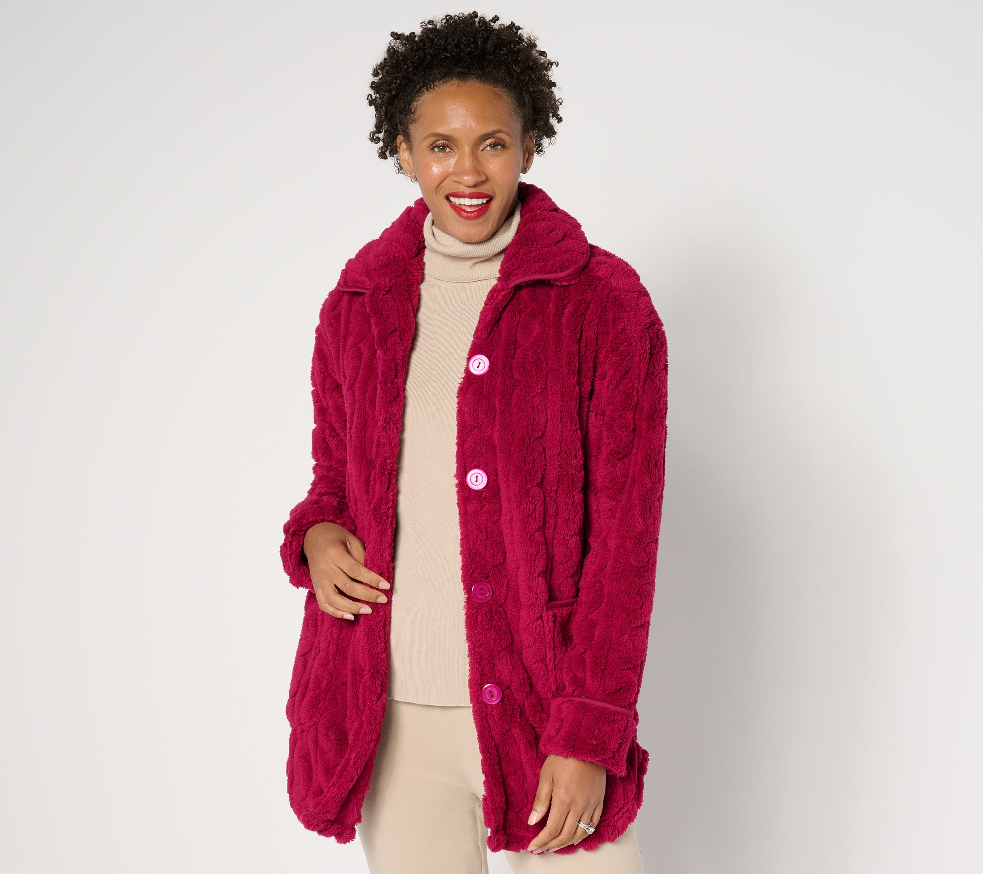 "As Is" Stan Herman Cable- Pattern Sherpa Button-Front Lounge Shacket