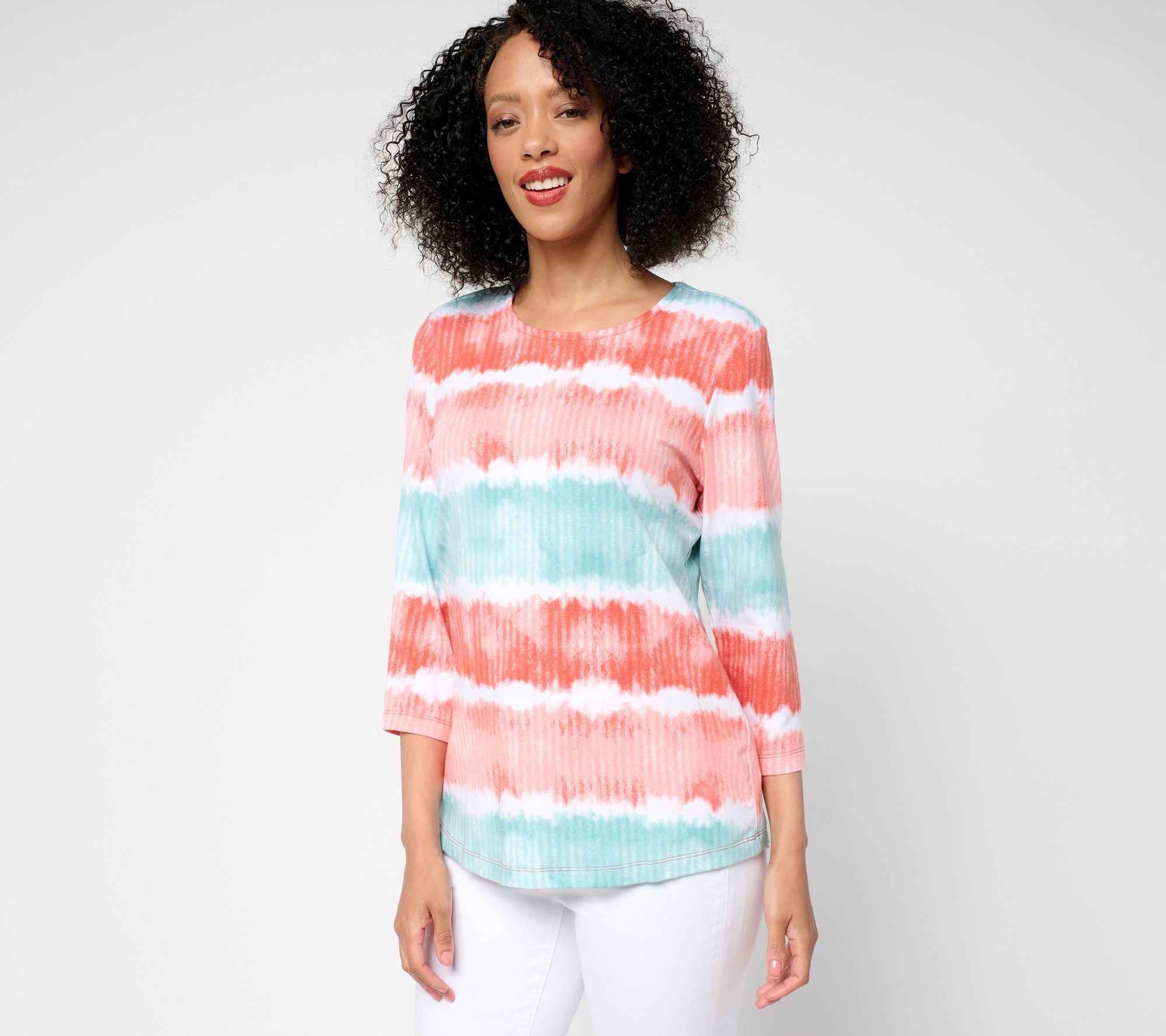 Denim & Co. Favorite Jersey Printed Stripe 3/4 Sleeve Round Neck Top