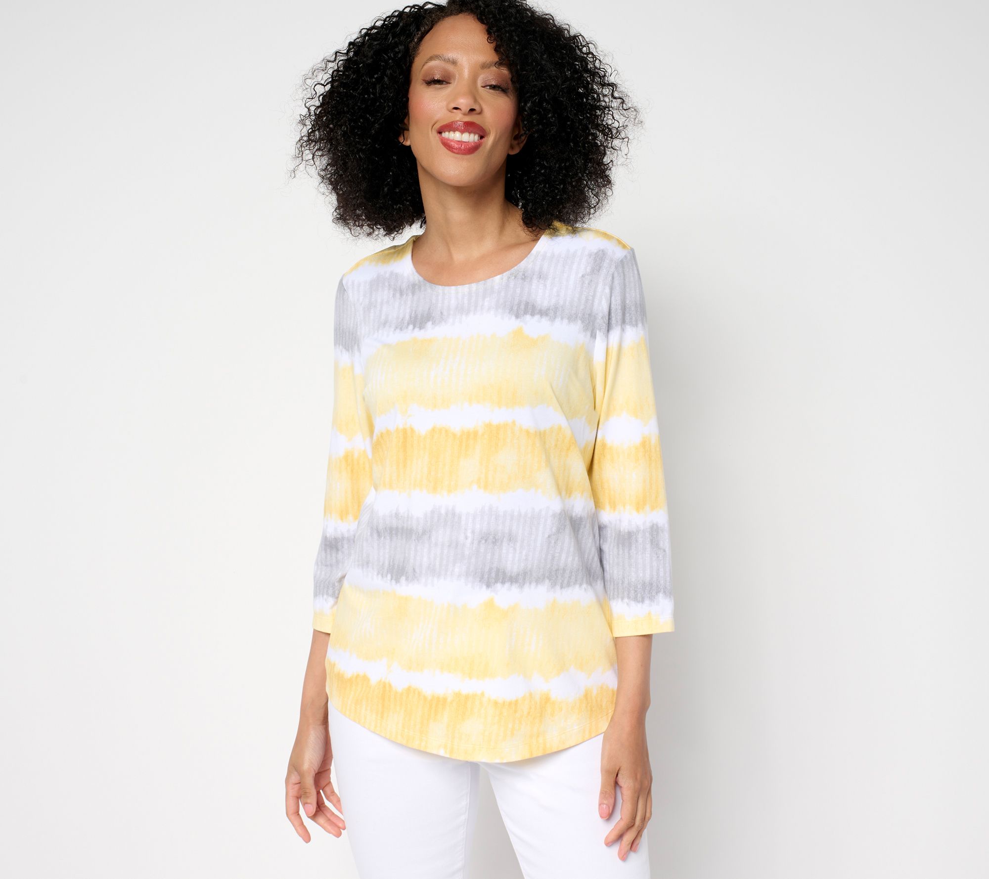 Denim & Co. Favorite Jersey Printed Stripe 3/4 Sleeve Round Neck Top