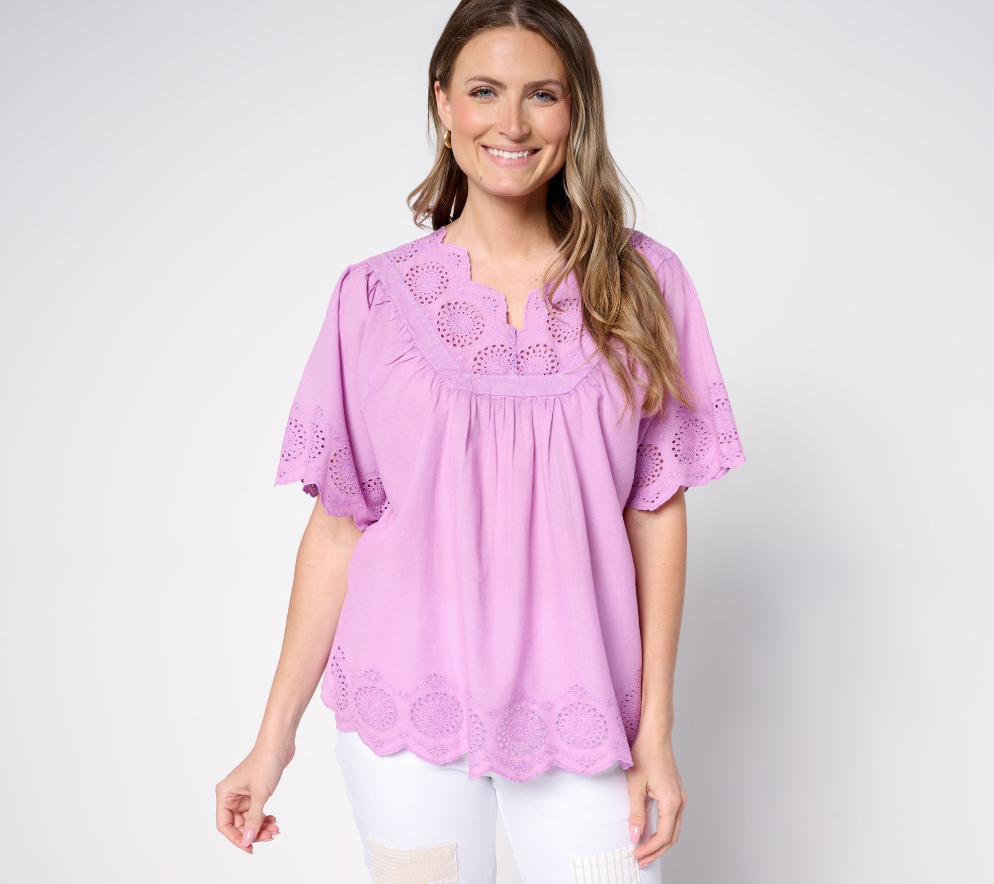 LOGO Lavish by Lori Goldstein 100% Cotton V-Neck Eyelet Top
