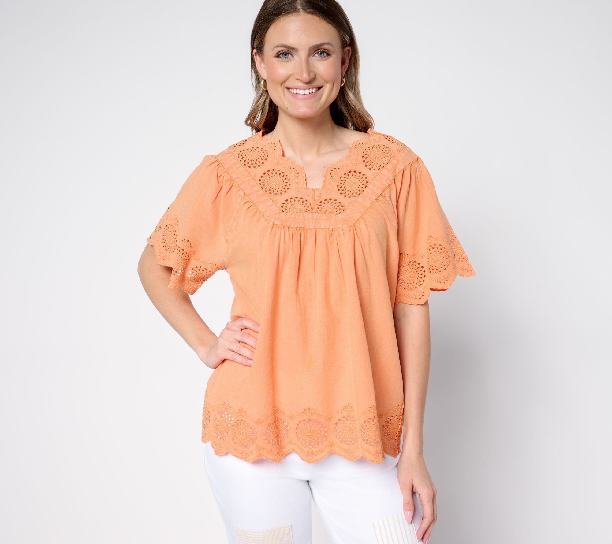 LOGO Lavish by Lori Goldstein 100% Cotton V-Neck Eyelet Top