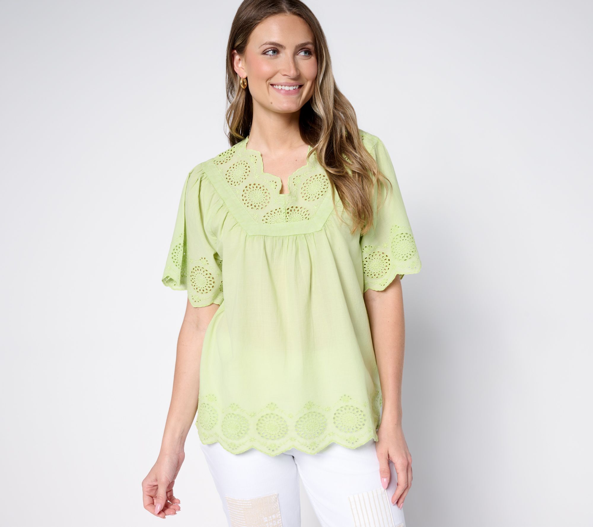 LOGO Lavish by Lori Goldstein 100% Cotton V-Neck Eyelet Top