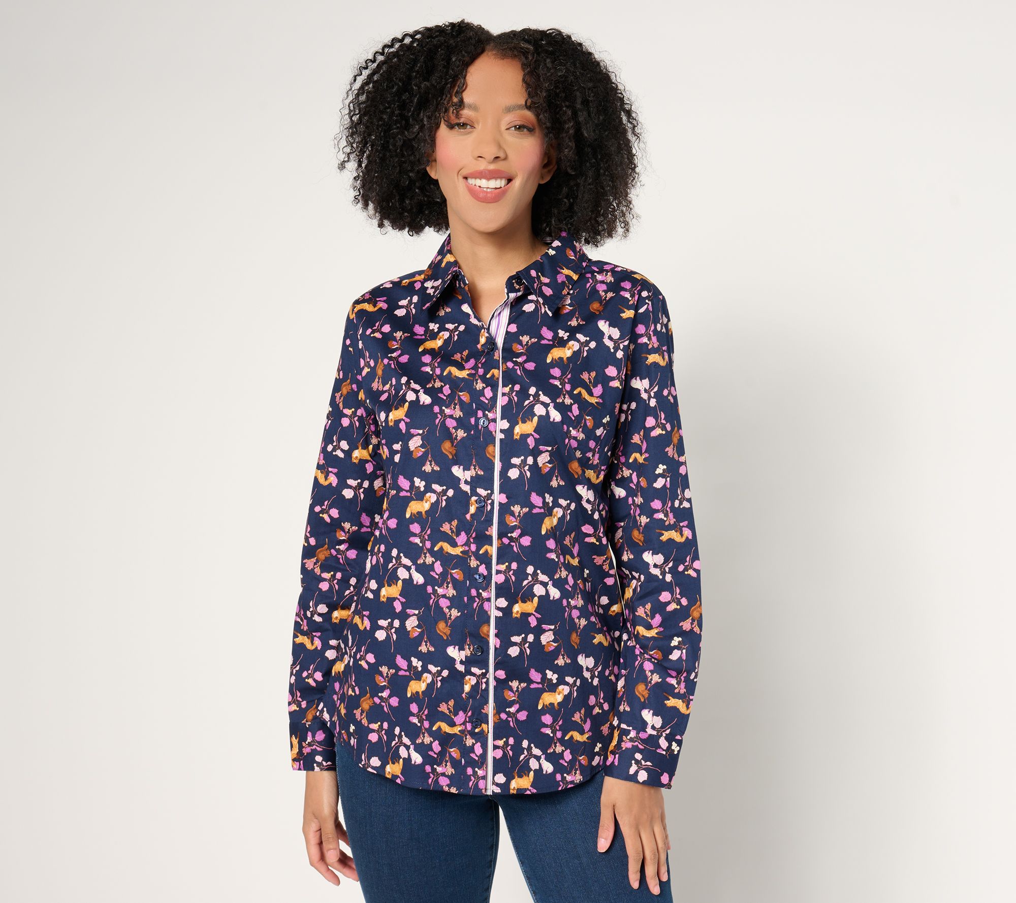 "As Is" Denim & Co. Adaptive Printed Poplin w/ Pop Placket Top
