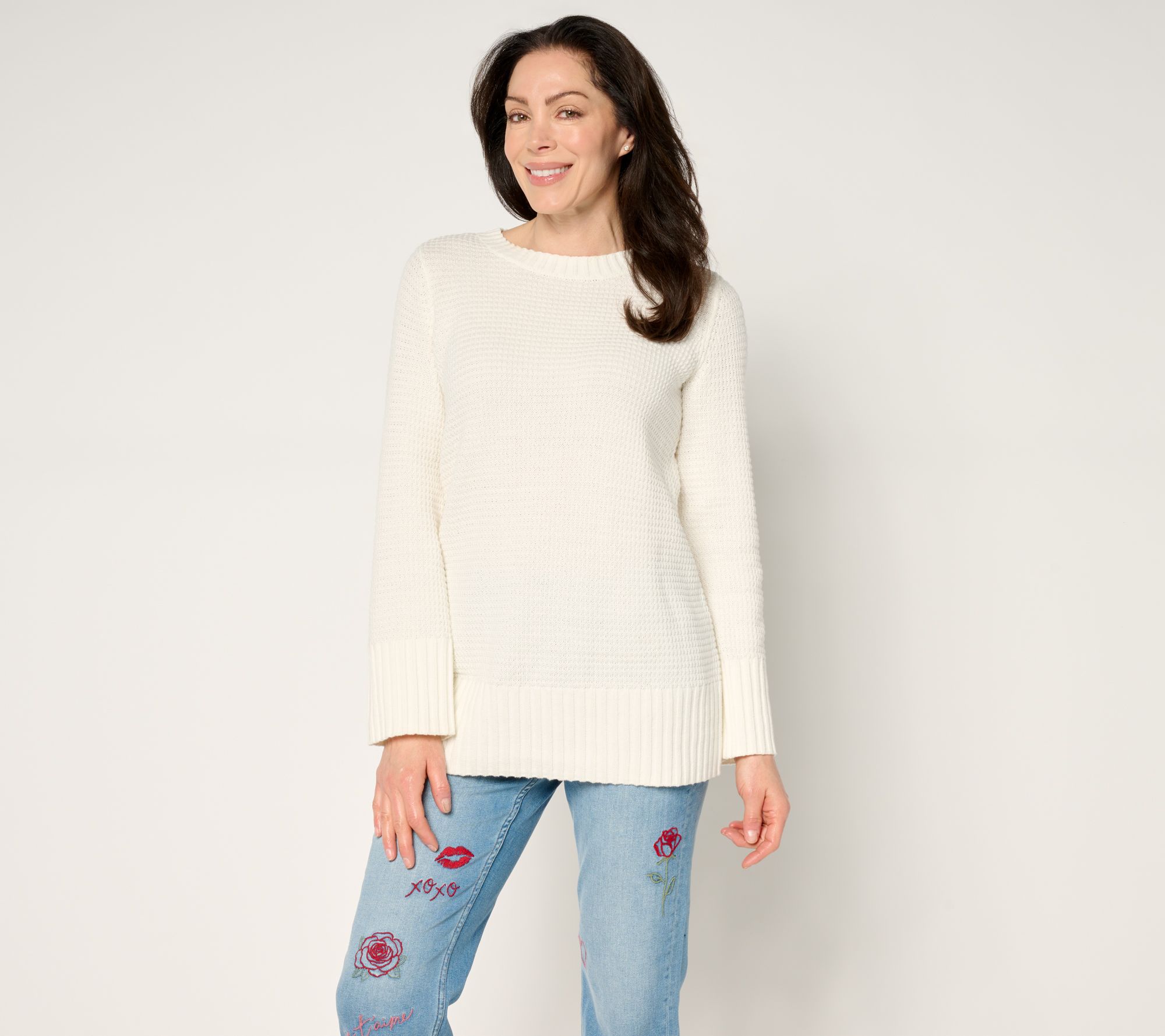 "As Is" Denim & Co. Petite Stitch Detail Crew Neck Tunic Sweater
