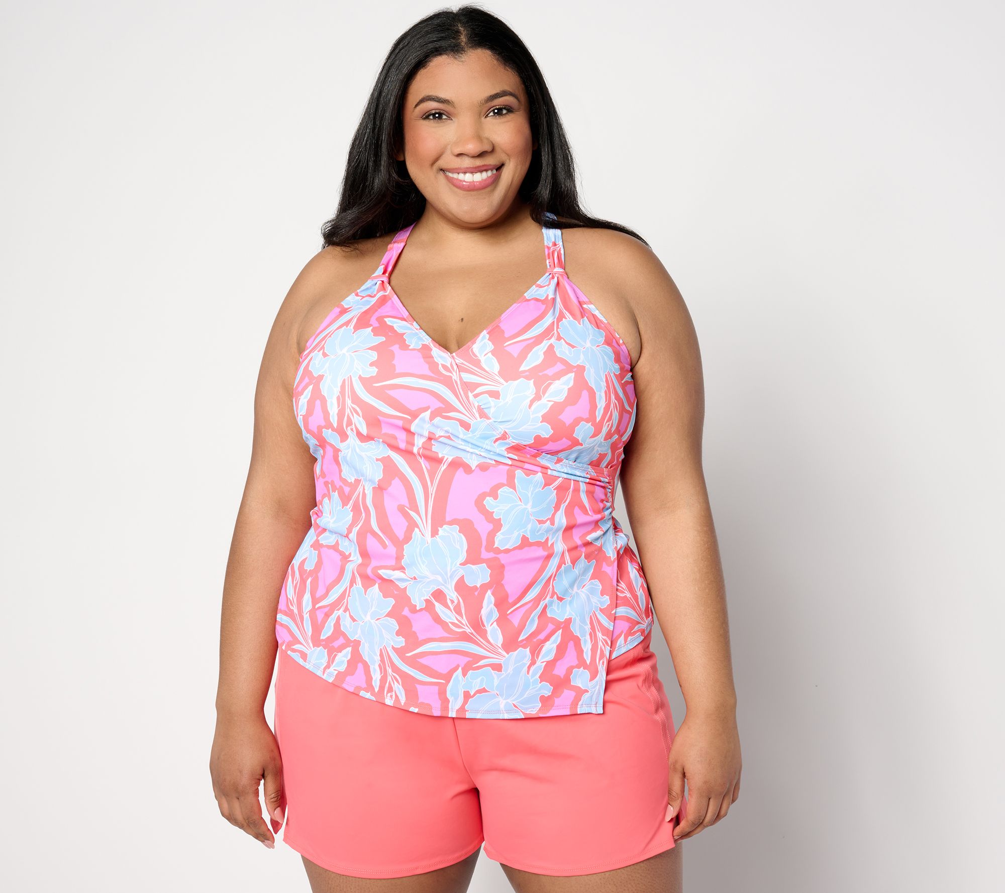 "As Is" Denim & Co. Beach Wrap Front Tankini with Swim Short