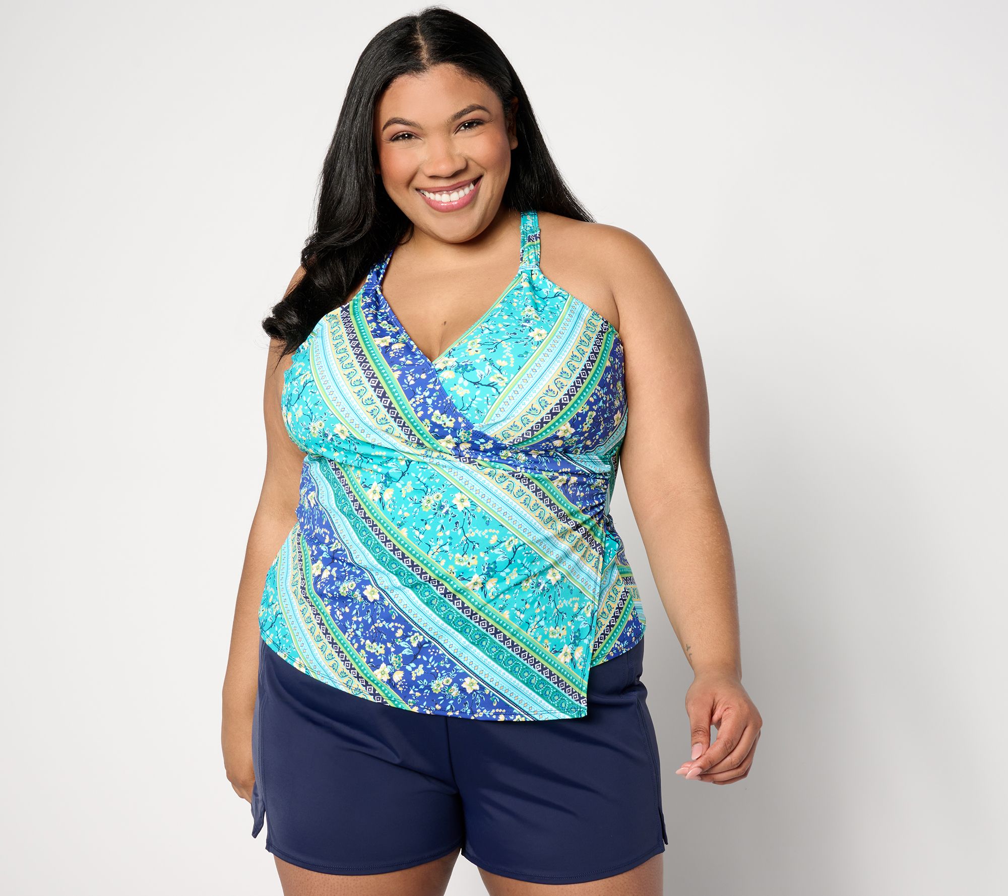 "As Is" Denim & Co. Beach Wrap Front Tankini with Swim Short