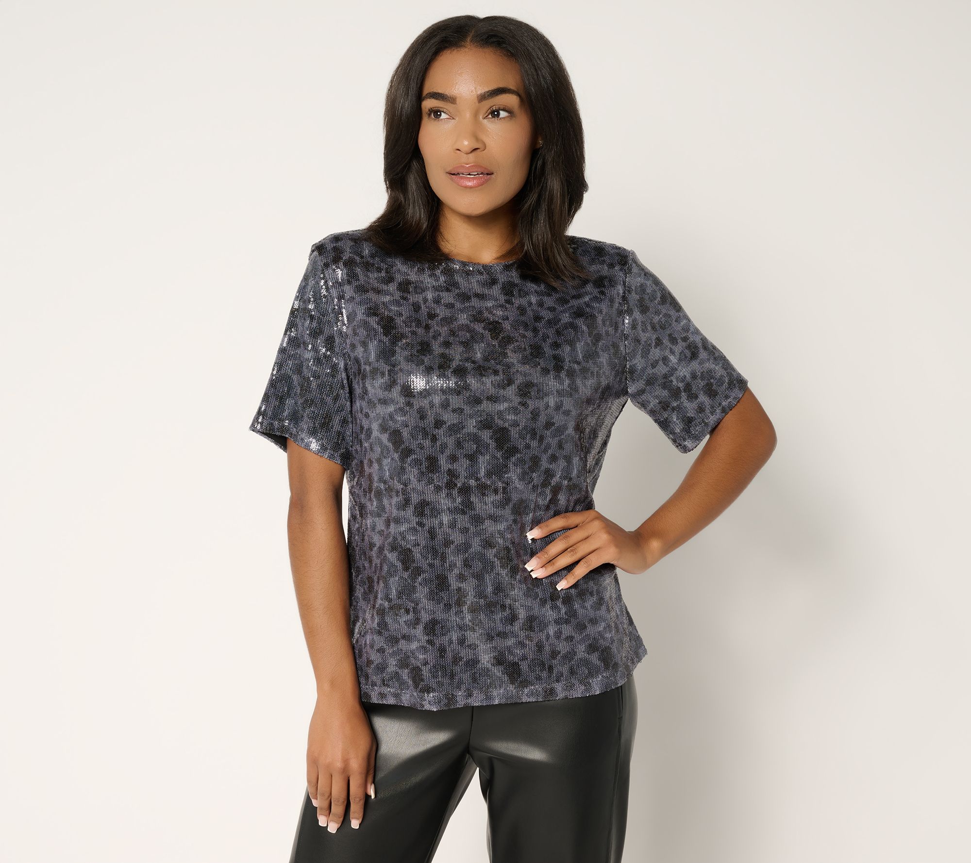 Susan Graver Occasions Printed Sequin Short-Sleeve Top