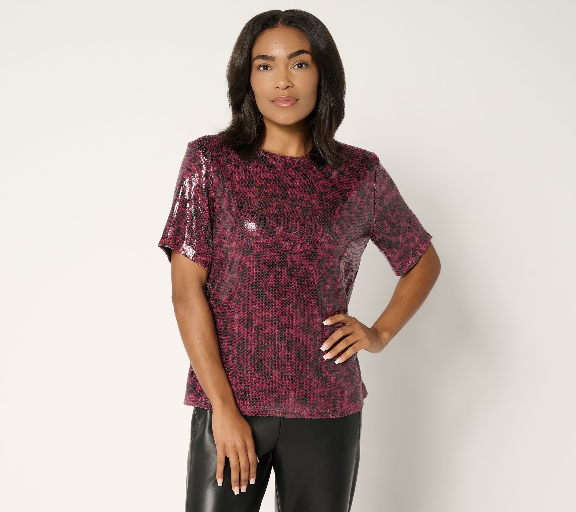 Susan Graver Occasions Printed Sequin Short-Sleeve Top
