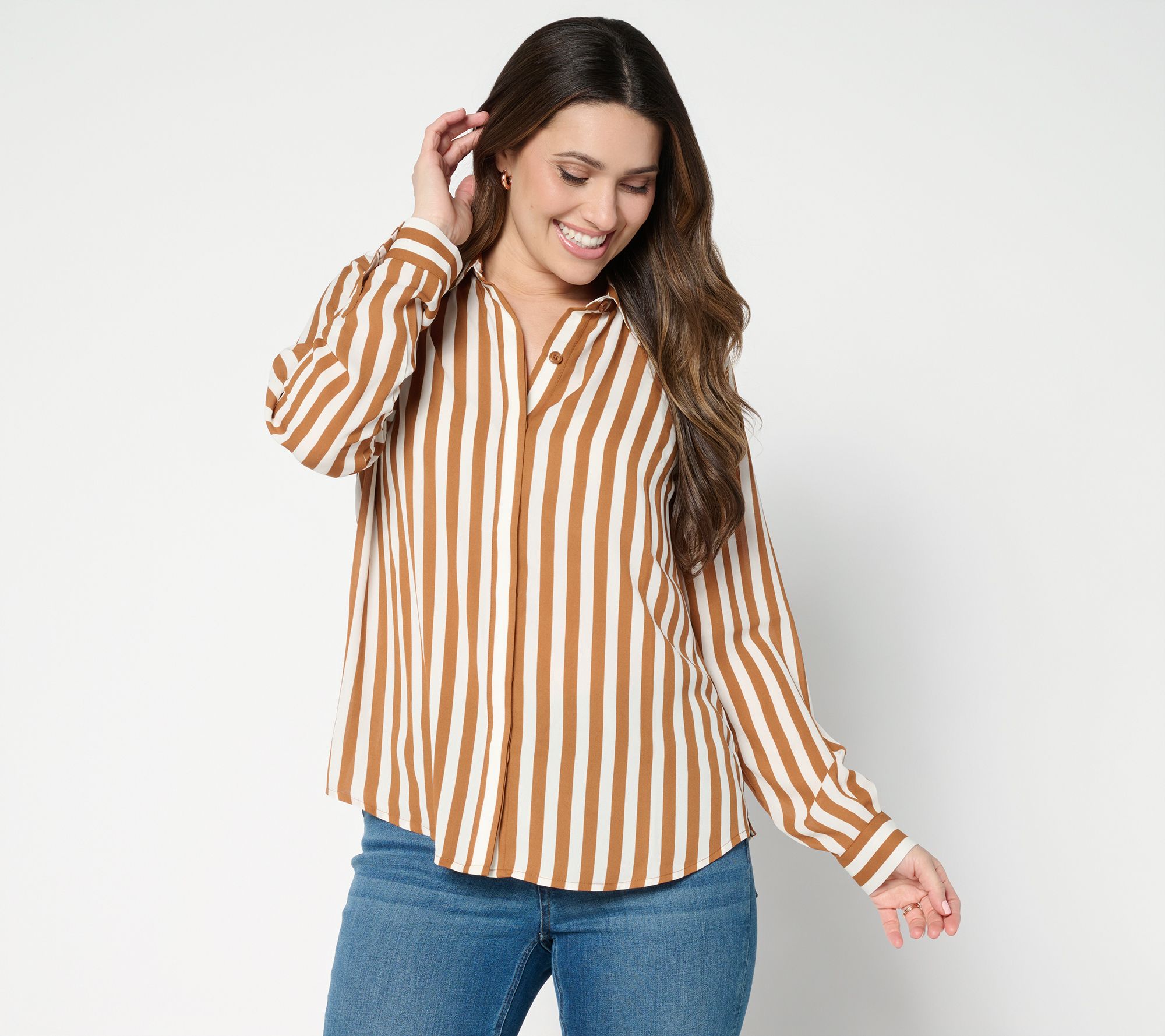 Joan Rivers Printed Striped Georgette Button Front Blouse