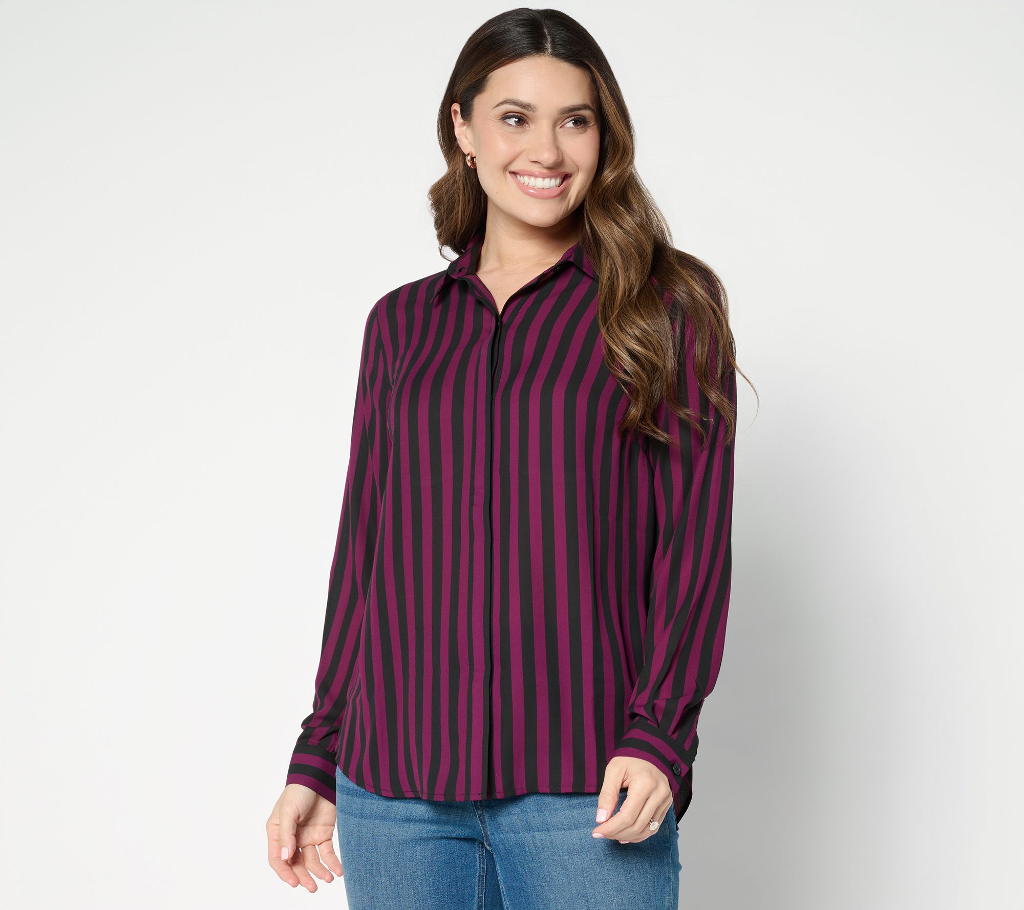 Joan Rivers Printed Striped Georgette Button Front Blouse
