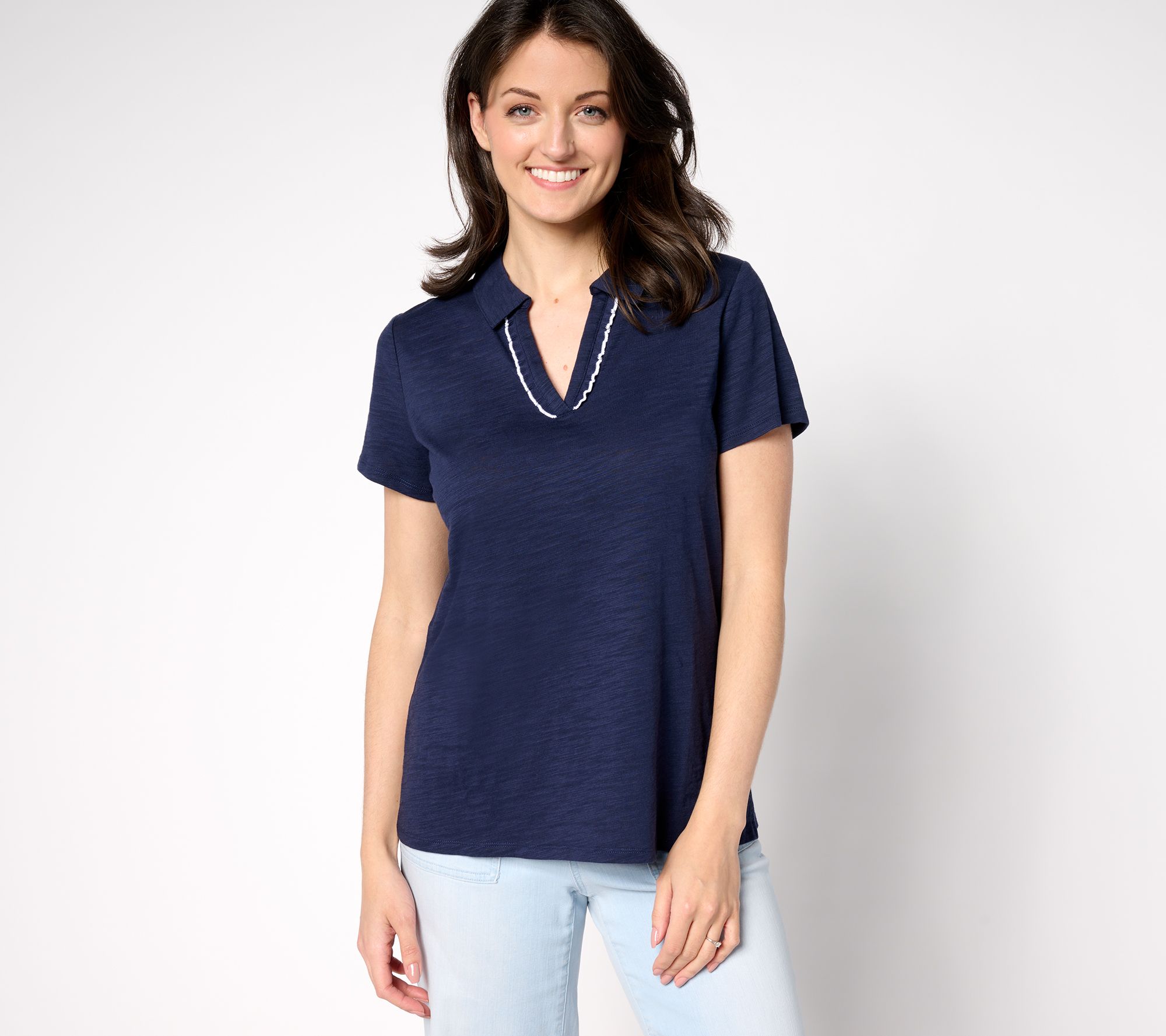 "As Is" Belle by Kim Gravel Short Sleeve Ruffle Trim Polo Top
