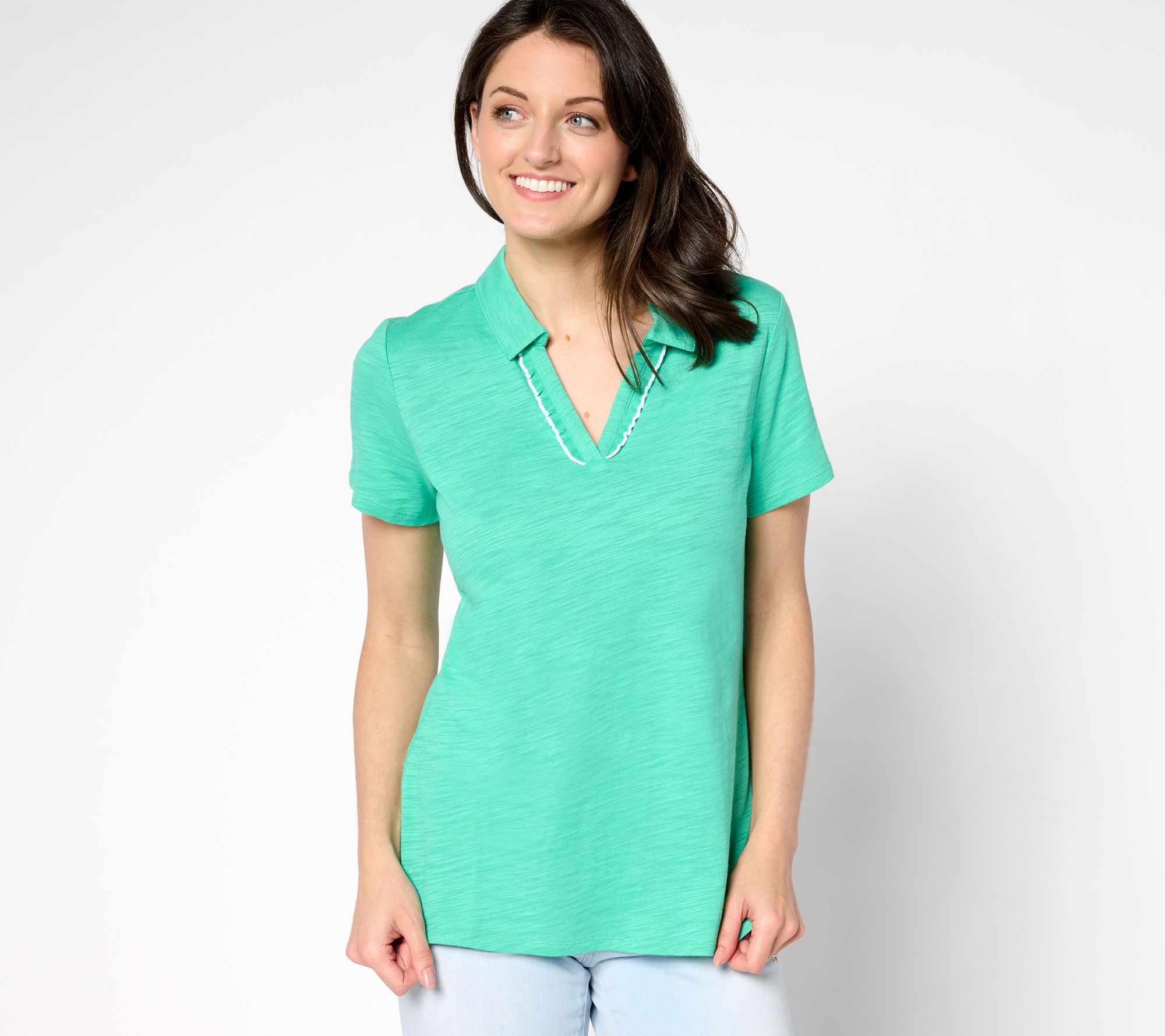 "As Is" Belle by Kim Gravel Short Sleeve Ruffle Trim Polo Top