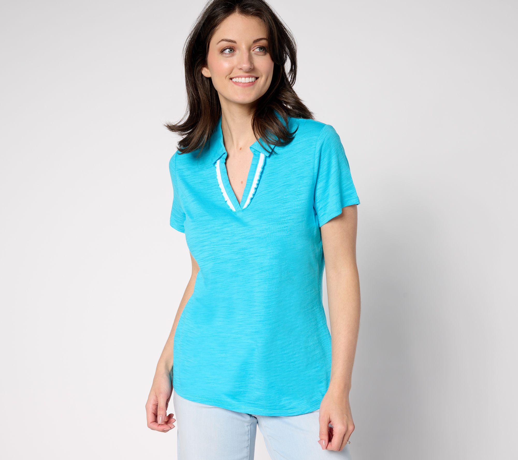 "As Is" Belle by Kim Gravel Short Sleeve Ruffle Trim Polo Top