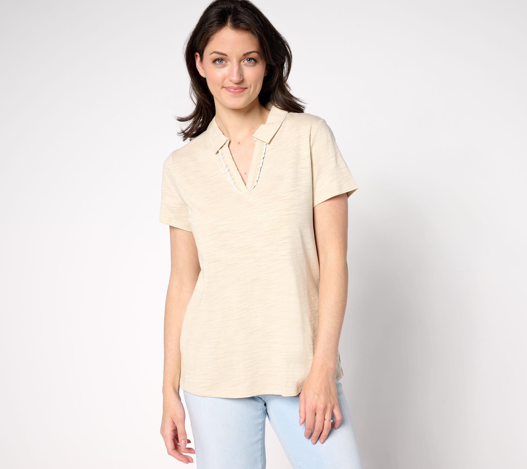 "As Is" Belle by Kim Gravel Short Sleeve Ruffle Trim Polo Top