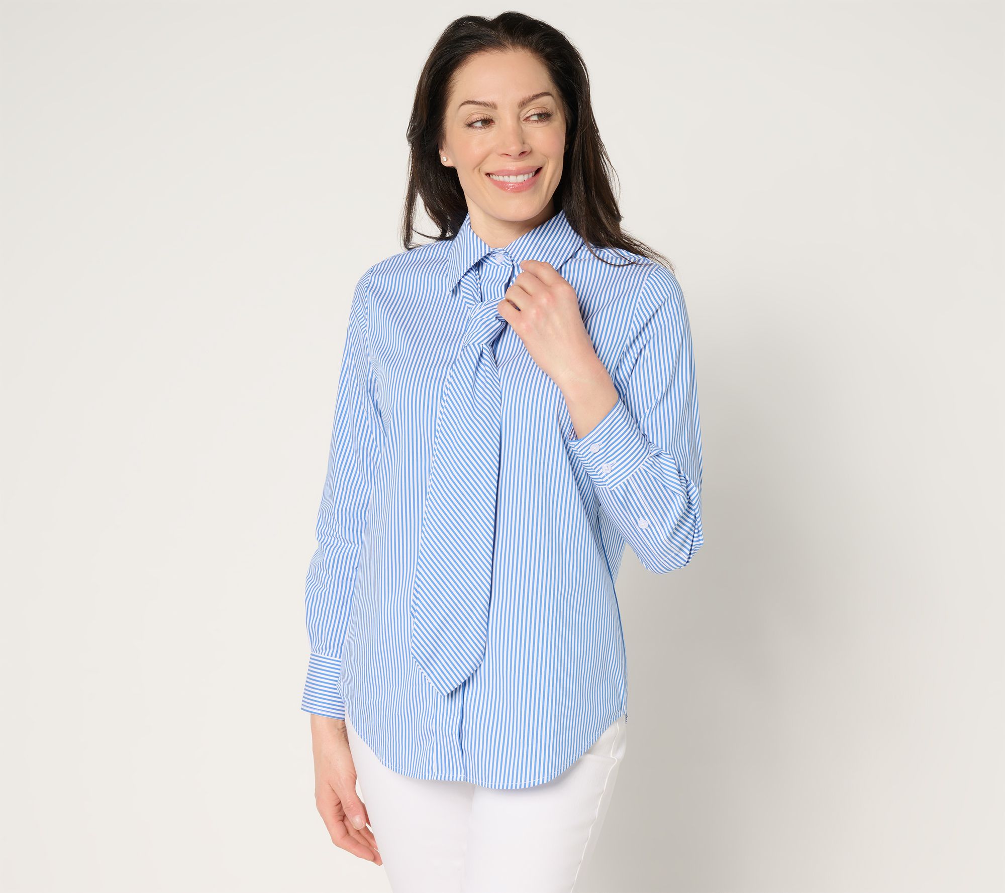 "As Is" by Stacy London Striped Poplin Self Tie Button Front Shirt