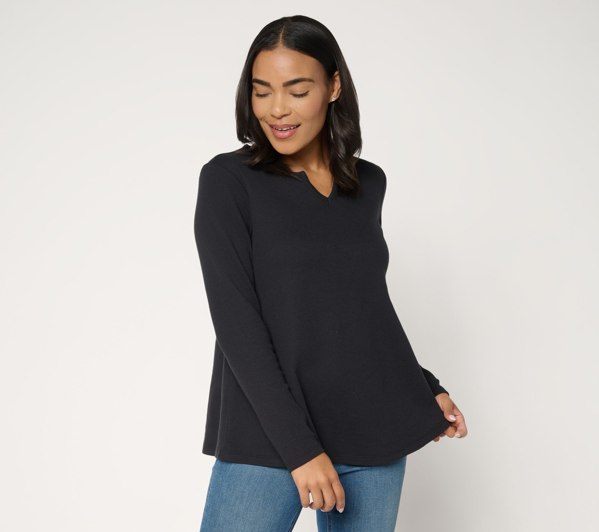  Denim & Co. Essentials Waffle Knit Split Neck Swing Top