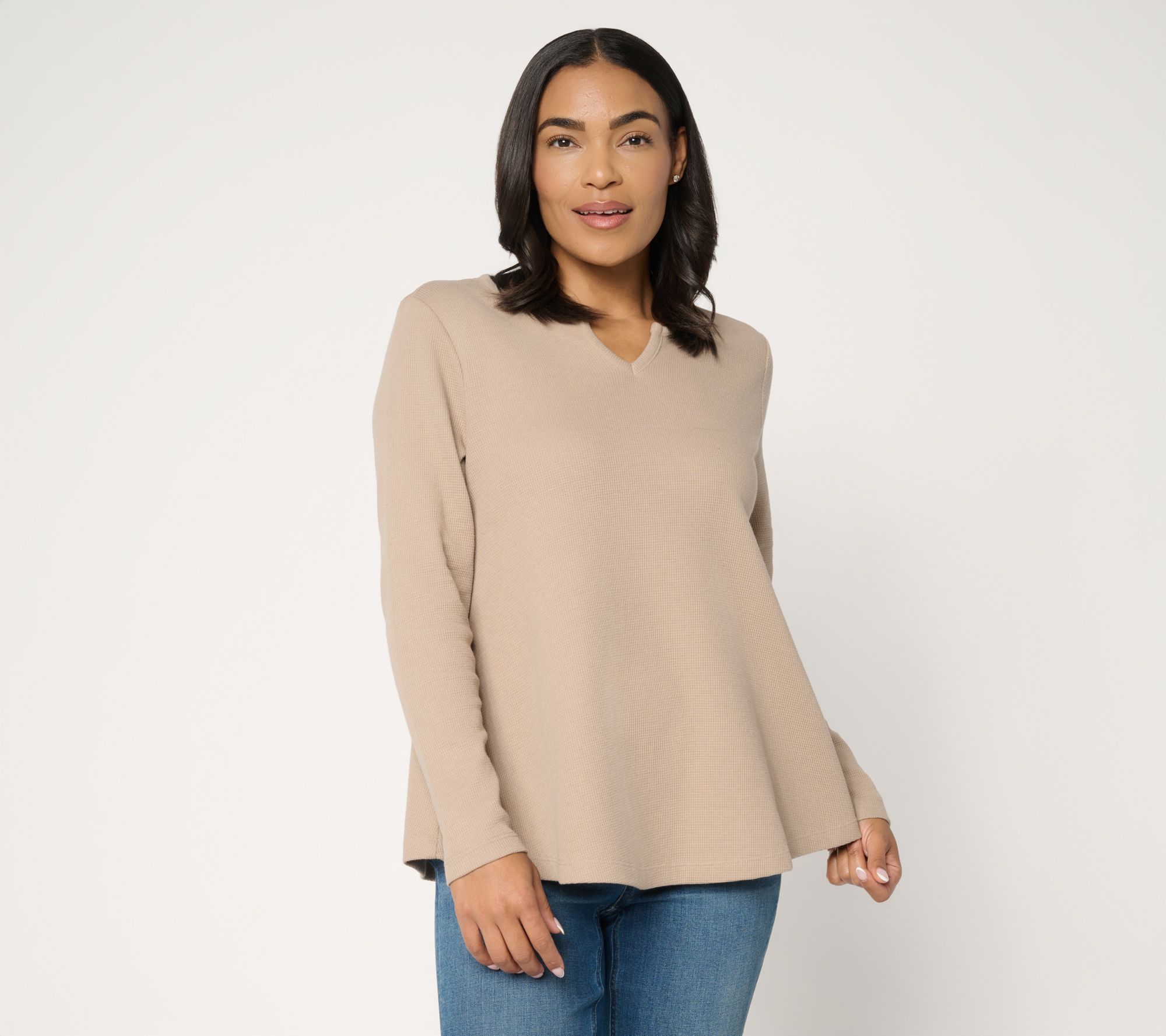 Denim & Co. Essentials Waffle Knit Split Neck Swing Top