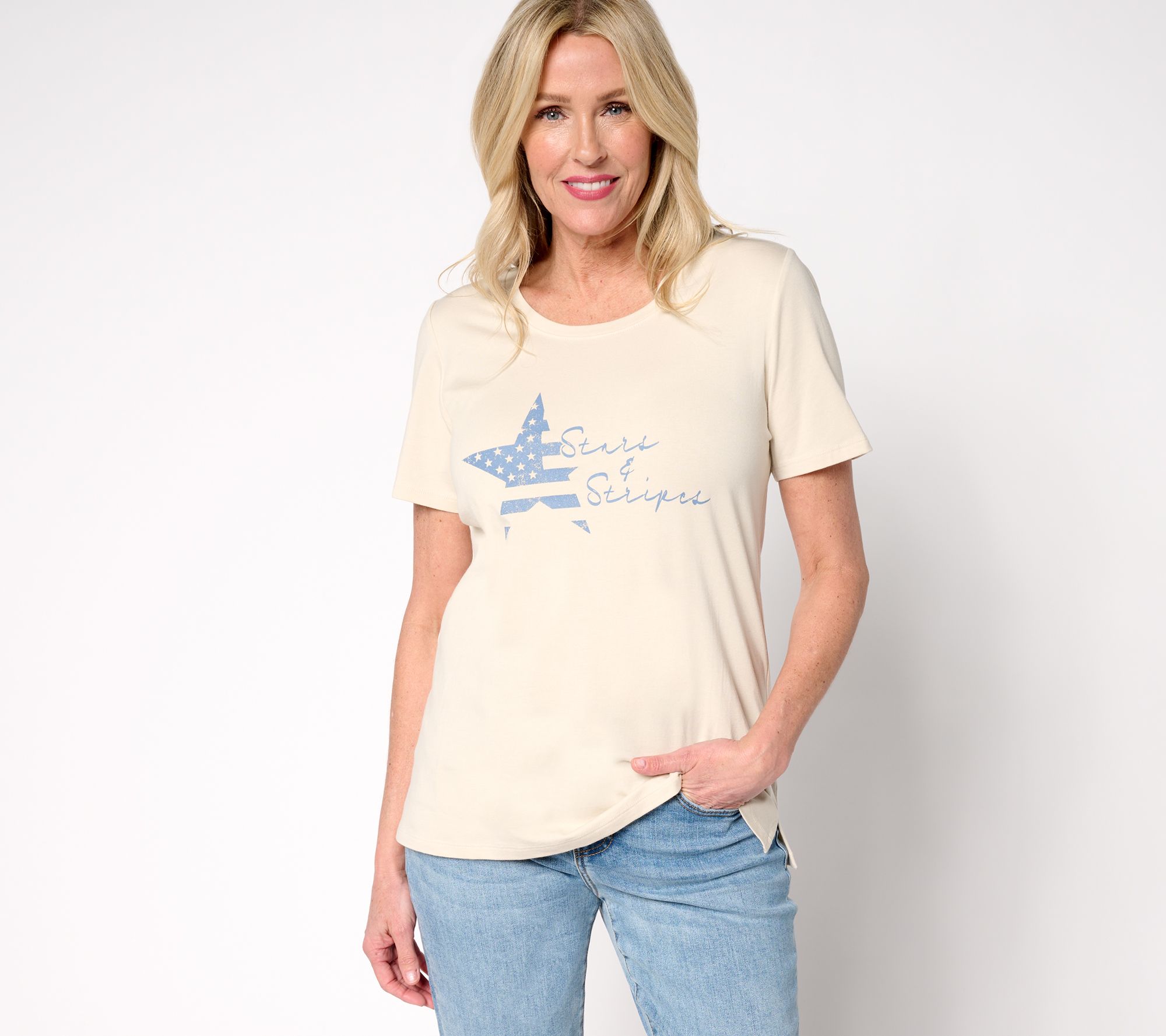 "As Is" Denim & Co. Americcana Favorite Jersey Short Sleeve Scoop Neck Top