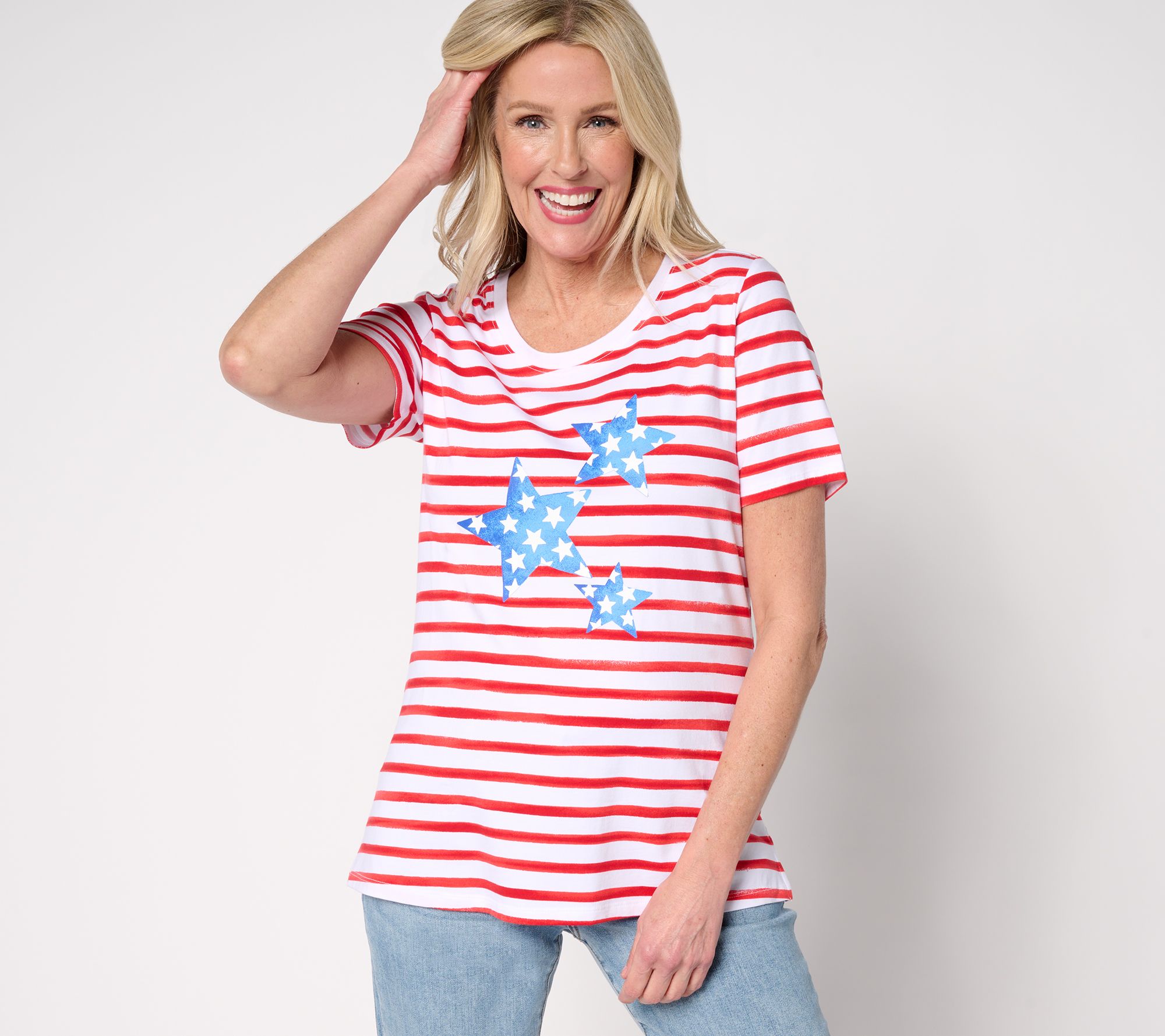 "As Is" Denim & Co. Americcana Favorite Jersey Short Sleeve Scoop Neck Top