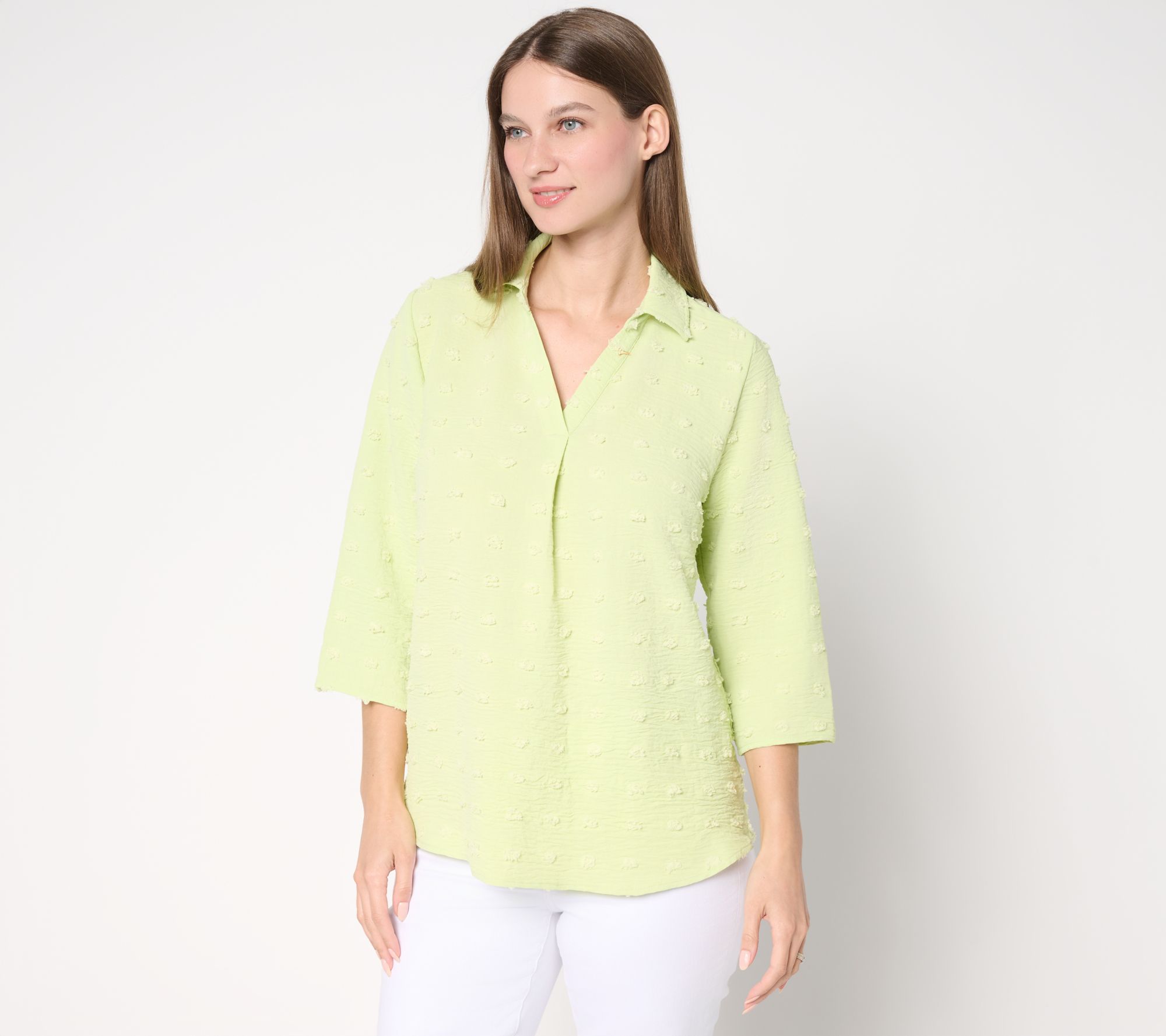 "As Is" Denim & Co. Textured 3/4 Sleeve Collared Popover Top