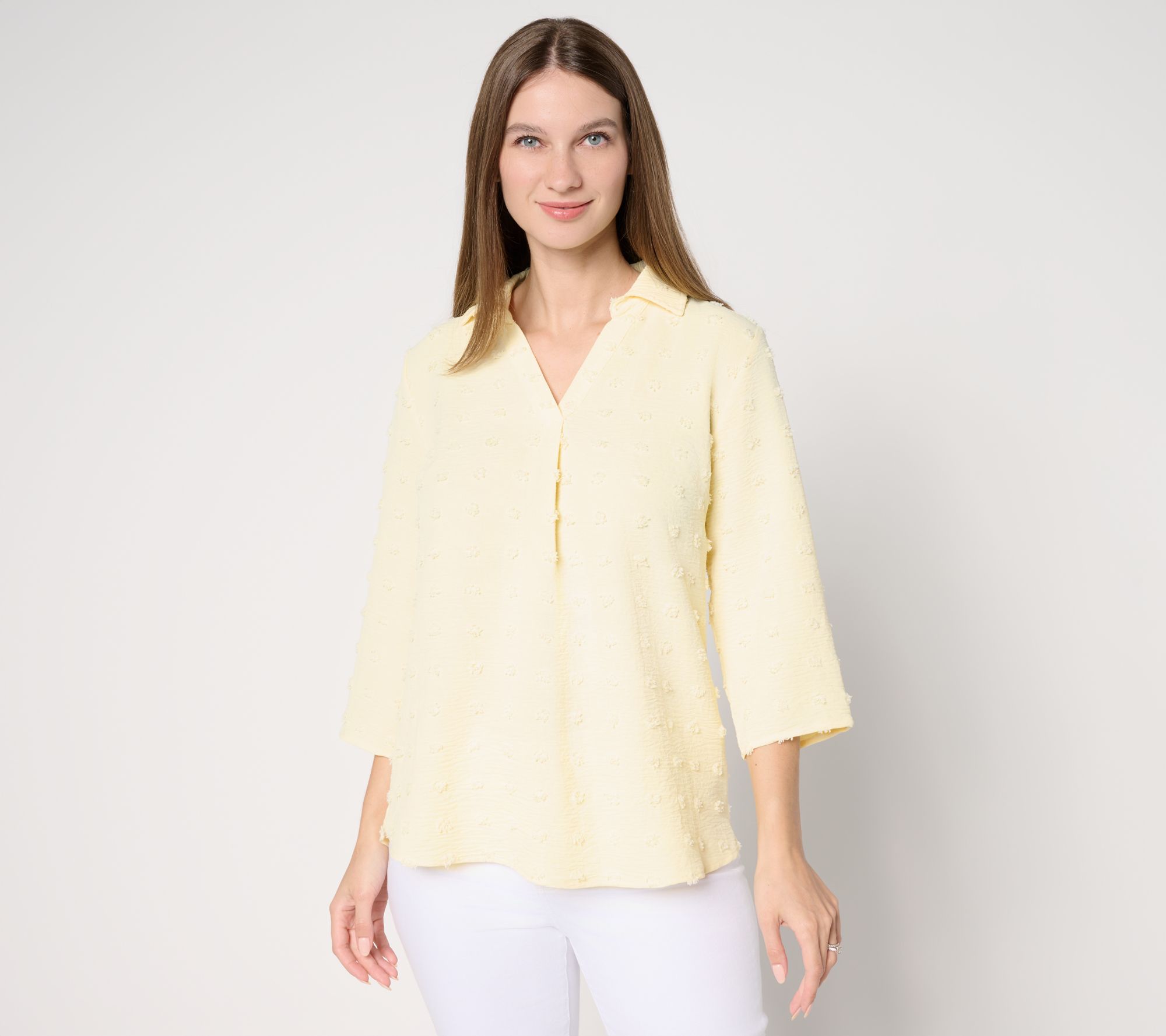 "As Is" Denim & Co. Textured 3/4 Sleeve Collared Popover Top