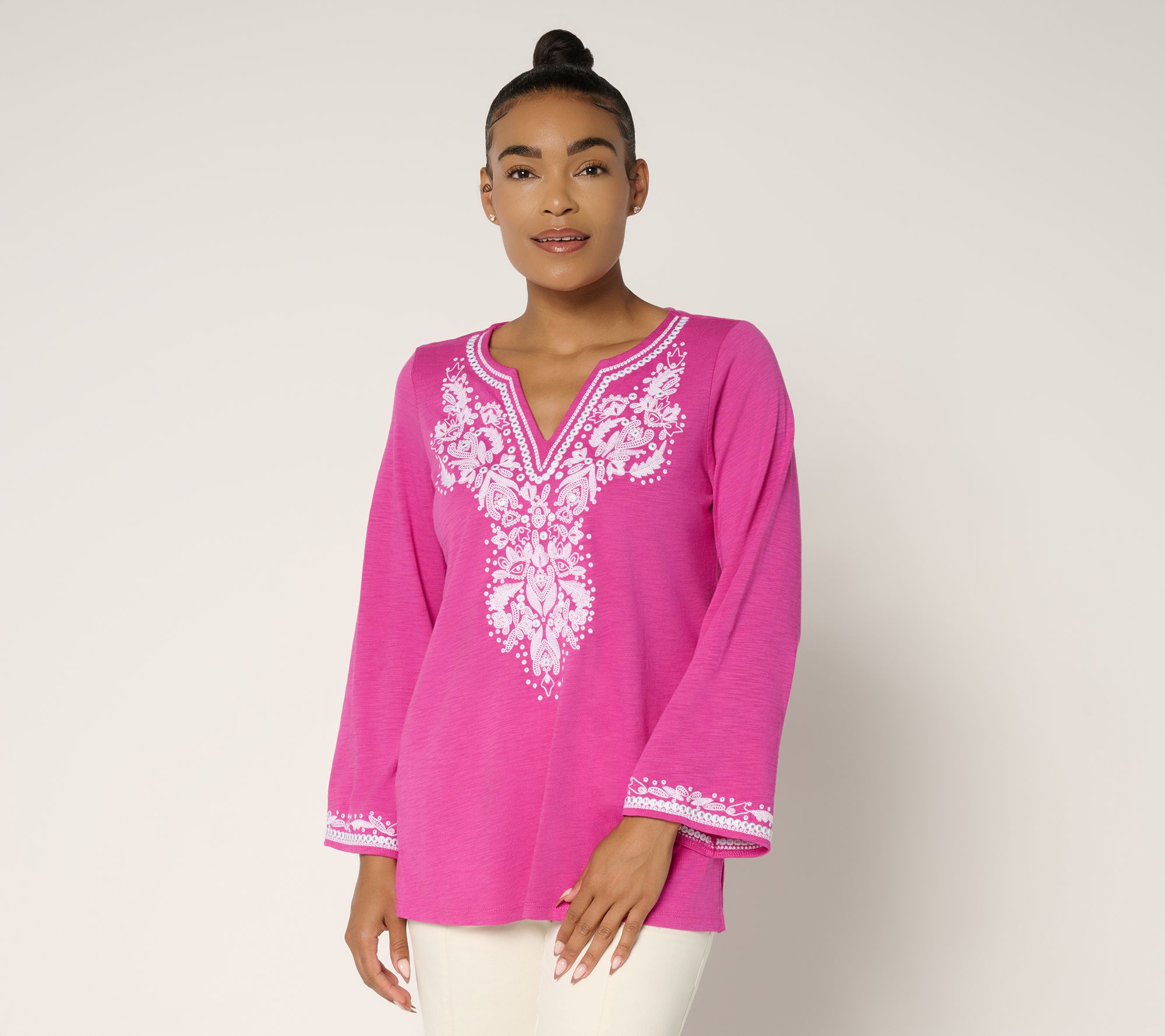 "As Is" Belle by Kim Gravel Slub Knit Santorini Embroidered Top
