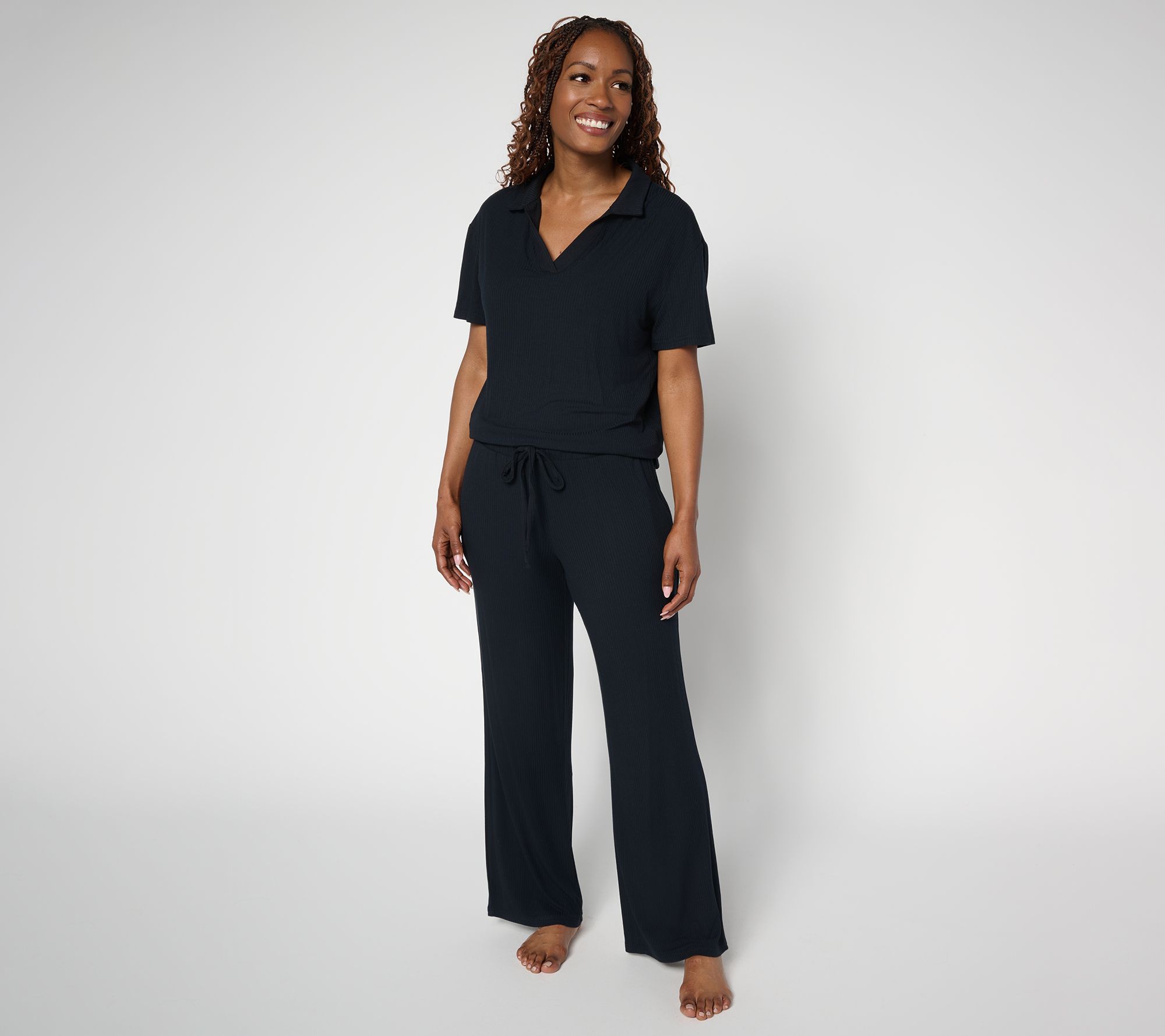 "As Is" MUK LUKS Rib Knit Short Sleeve Collared Lounge Set