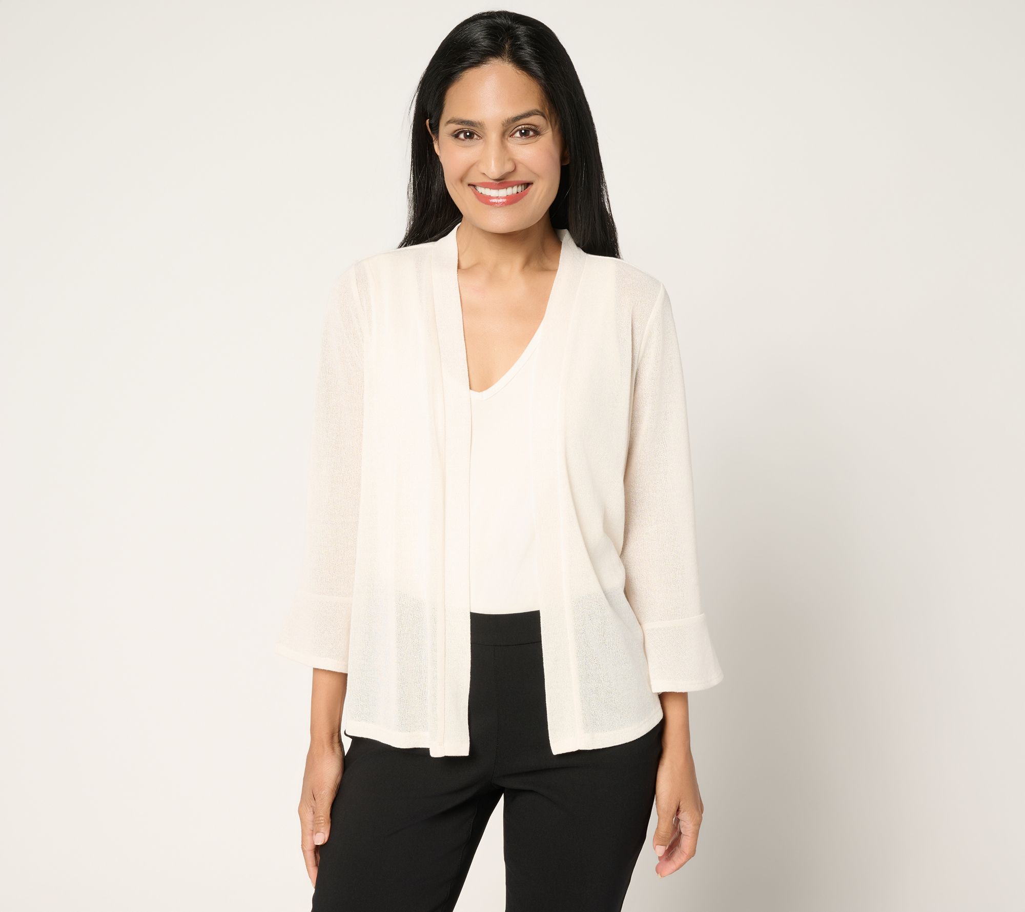 "As Is" Susan Graver Novelty Knit Open Front 3/4 Flounce Sleeve Cardigan