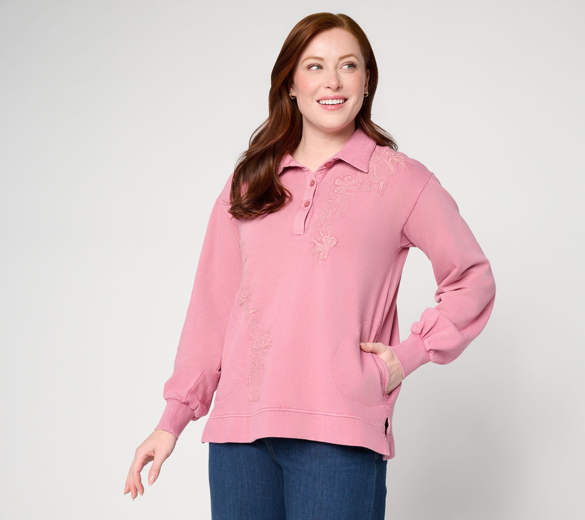 LOGO Lavish by Lori Goldstein Embroidered Polo Sweatshirt