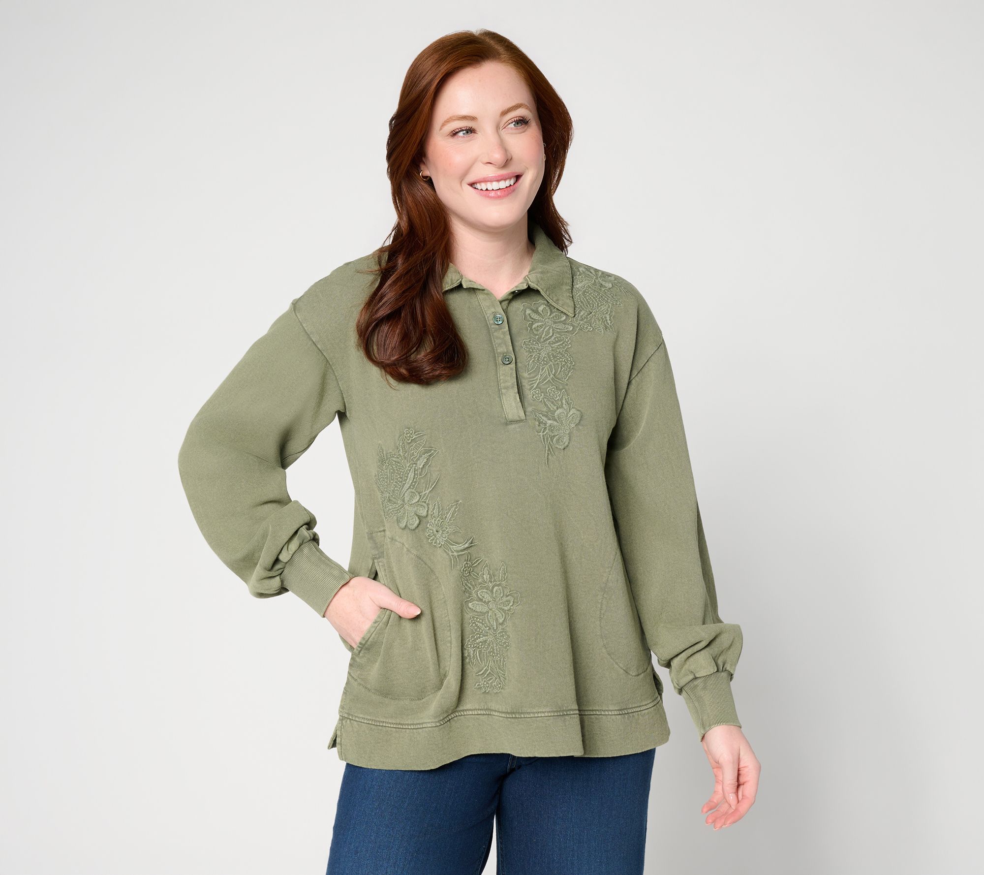 LOGO Lavish by Lori Goldstein Embroidered Polo Sweatshirt