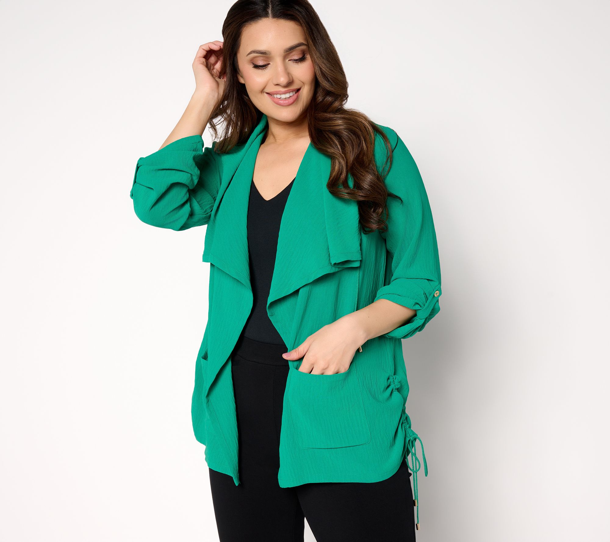 "As Is" Susan Graver Petite Crinkled Woven Drape Front Cardigan