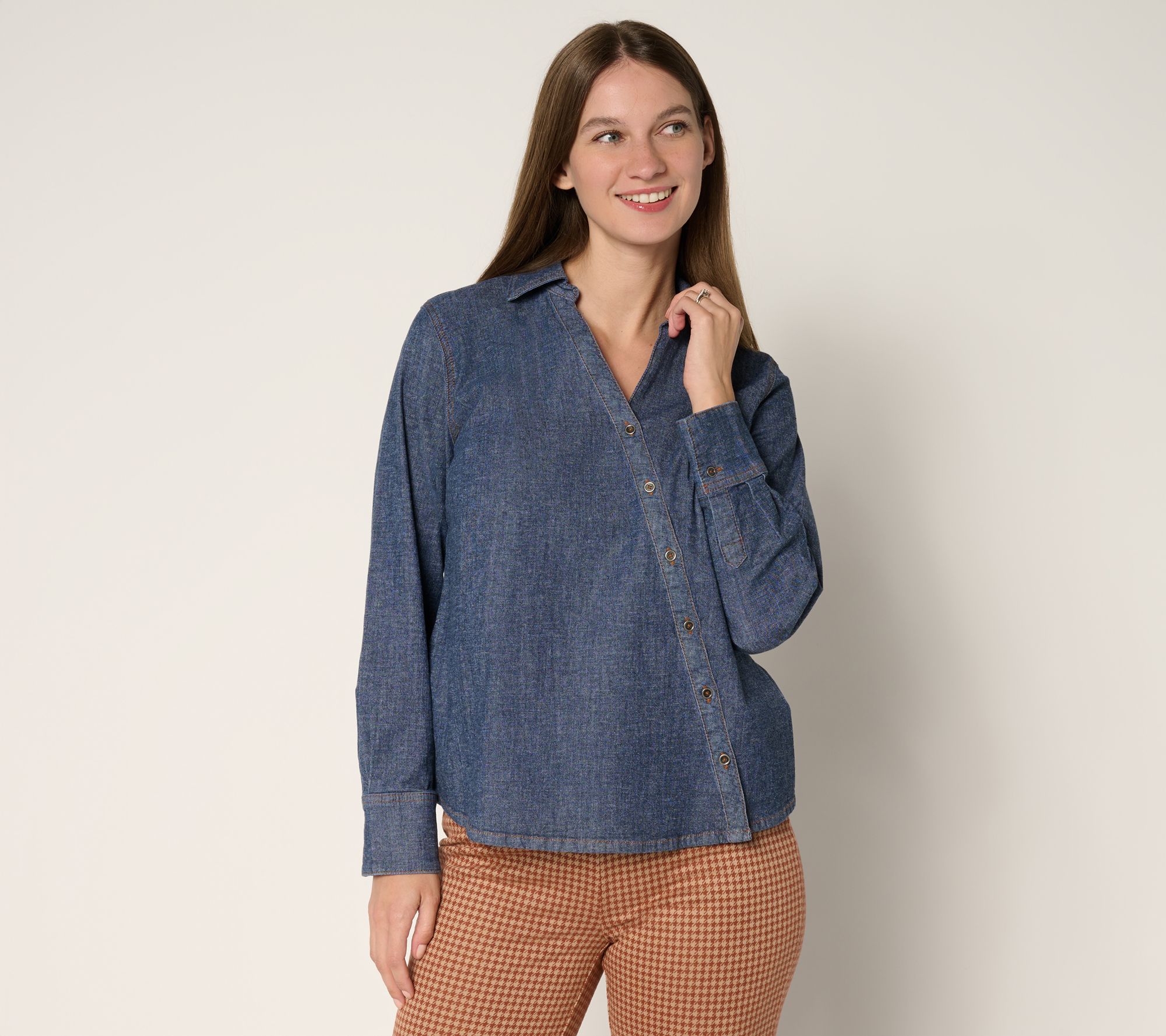 "As Is" Peace Love World Asymmetric Placket Denim Shirt