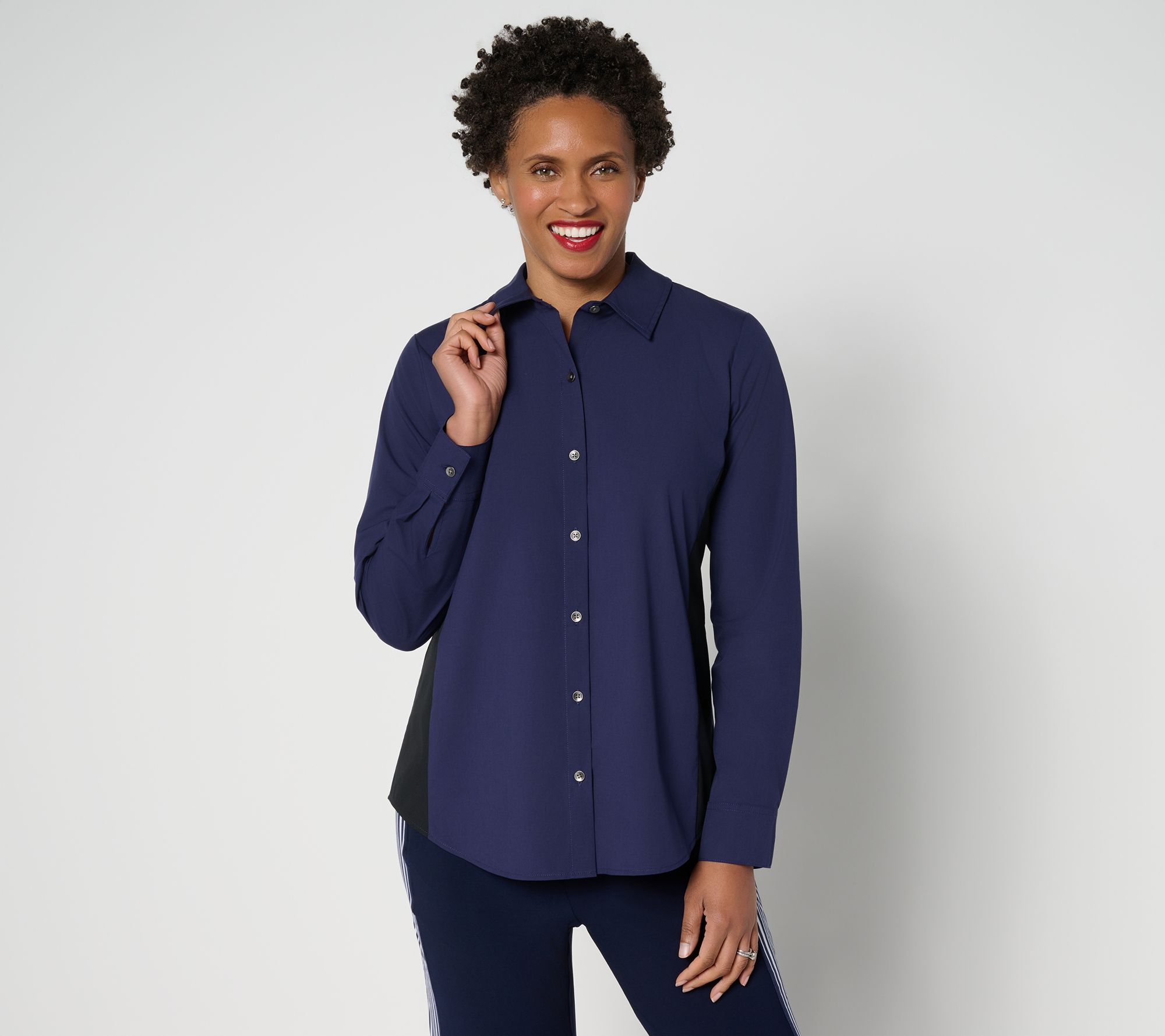"As Is" Women with Control Poplin Button Shirt w/ Color Block