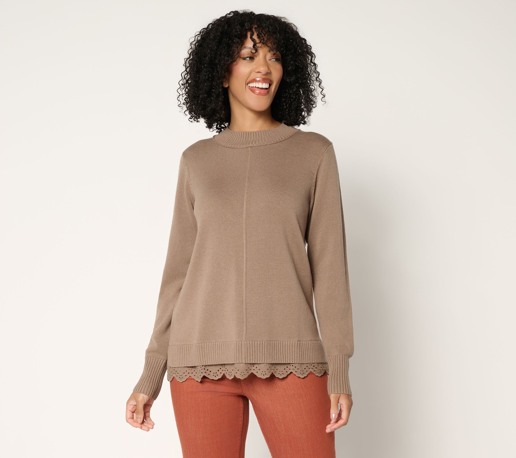 "As Is" LOGO by Lori Goldstein Cotton Cashmere Sweater with Eyelet Trim