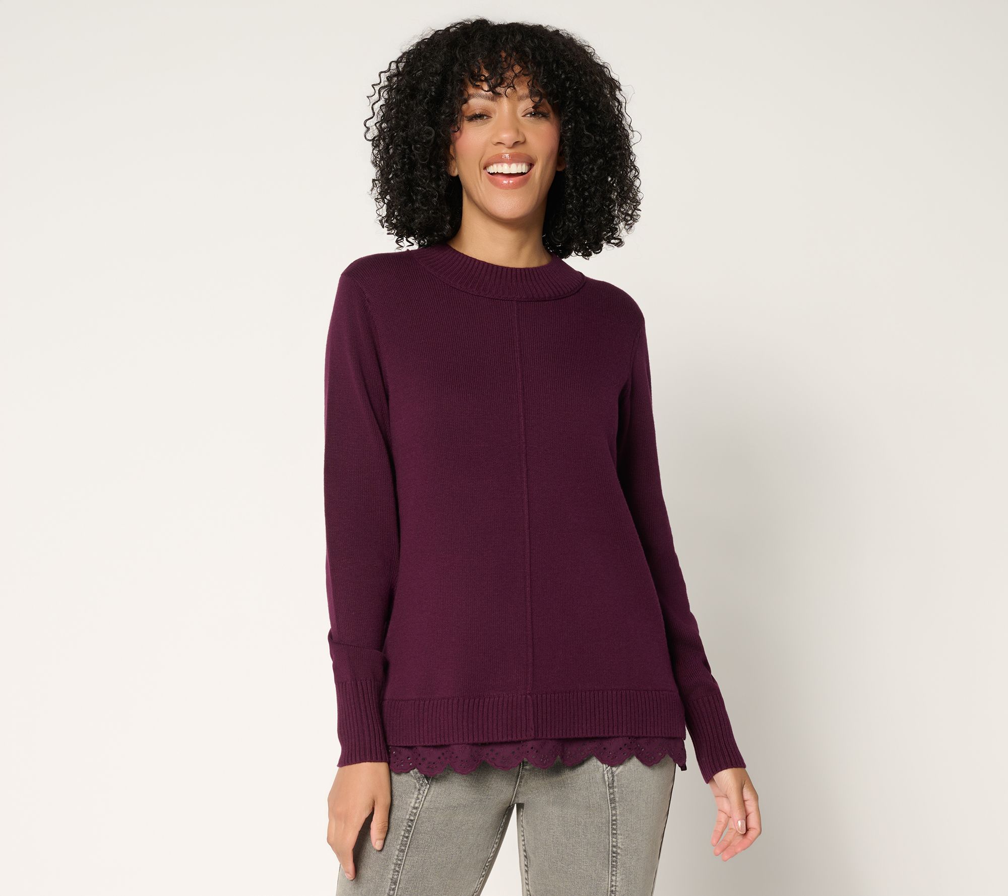 "As Is" LOGO by Lori Goldstein Cotton Cashmere Sweater with Eyelet Trim