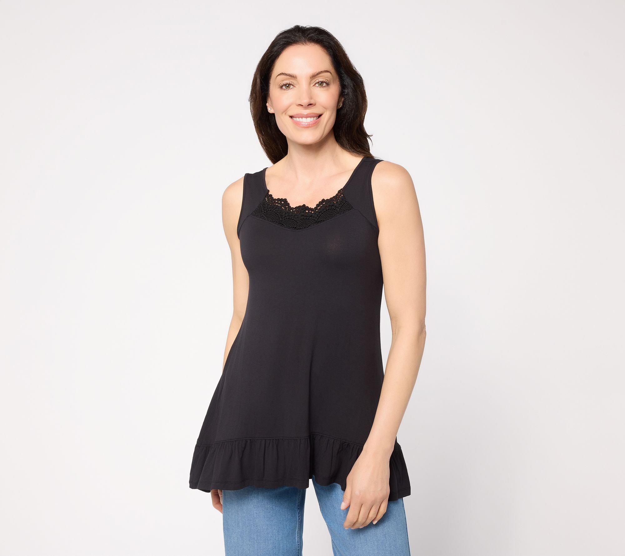 LOGO by Lori Goldstein Petite Lace Detail Ruffle Hem Tank