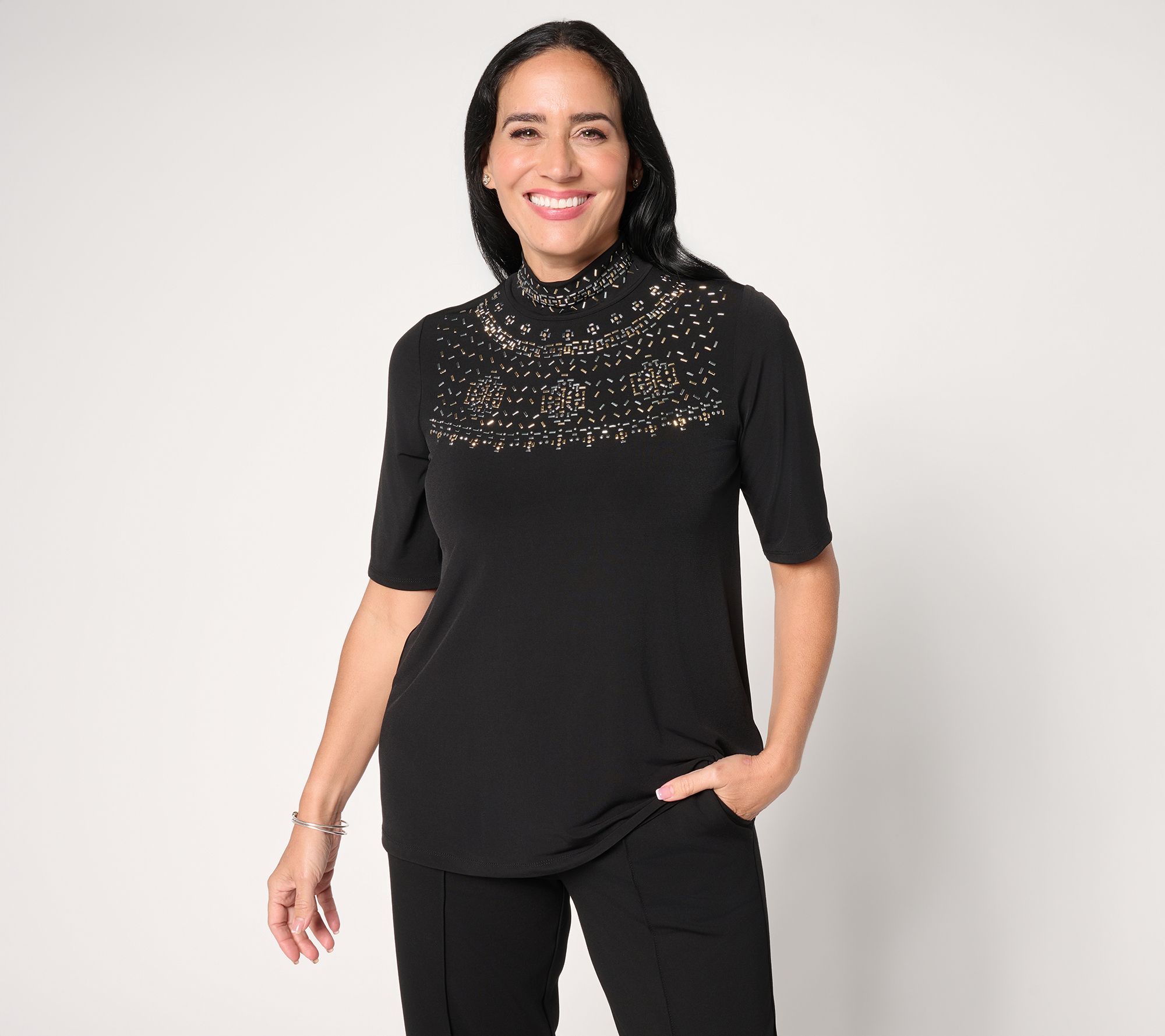 "As Is" Susan Graver Occasions Liquid Knit Embellished Top